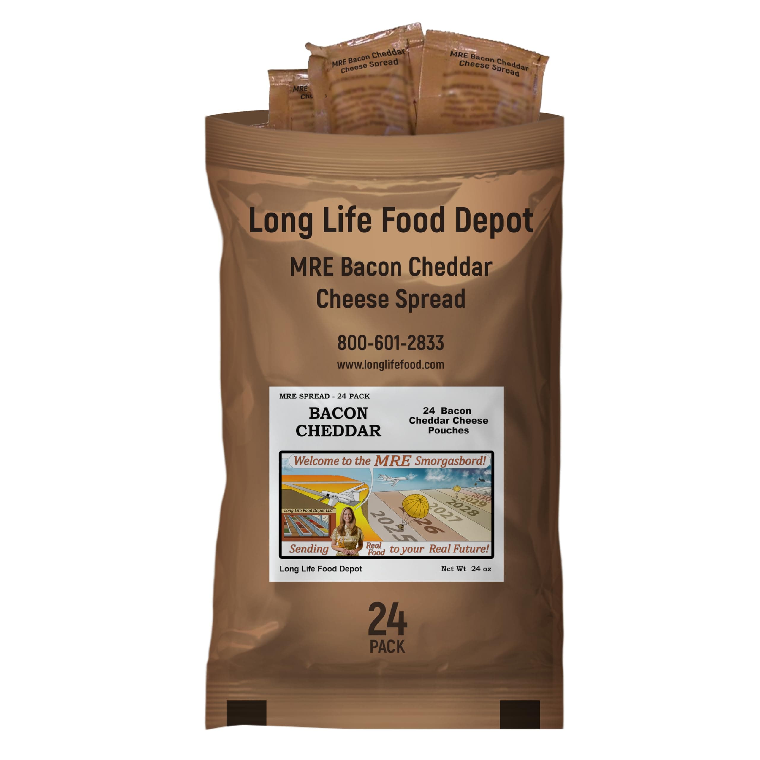MRE Bacon Cheddar Cheese Spread (24-Pack) – Long Shelf Life – 2024+ Production Dates by Long Life Food Depot – Meals Ready to Eat