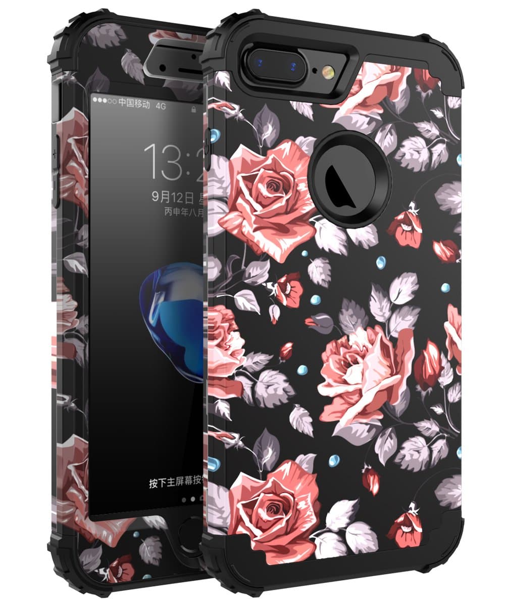 OBBCase iPhone 7 Plus Case,[Heavy Duty]Three Layer Hybrid Sturdy Armor High Impact Resistant Protective Cover Case For iPhone 7 Plus(Only For 5.5")Rose Flower/Black
