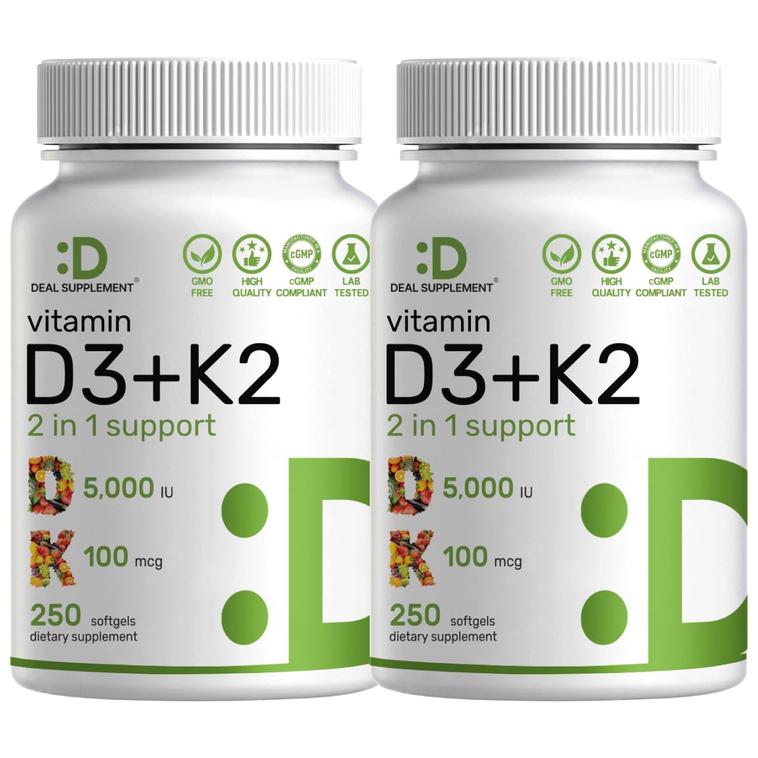 2 Pack Vitamin D3 K2 Softgel, 360 Counts, 2-1 Complex, Vitamin D3 5000 IU & Vitamin K2 MK7, Promotes Heart, Bone & Teeth Health - Very Easy to Swallow