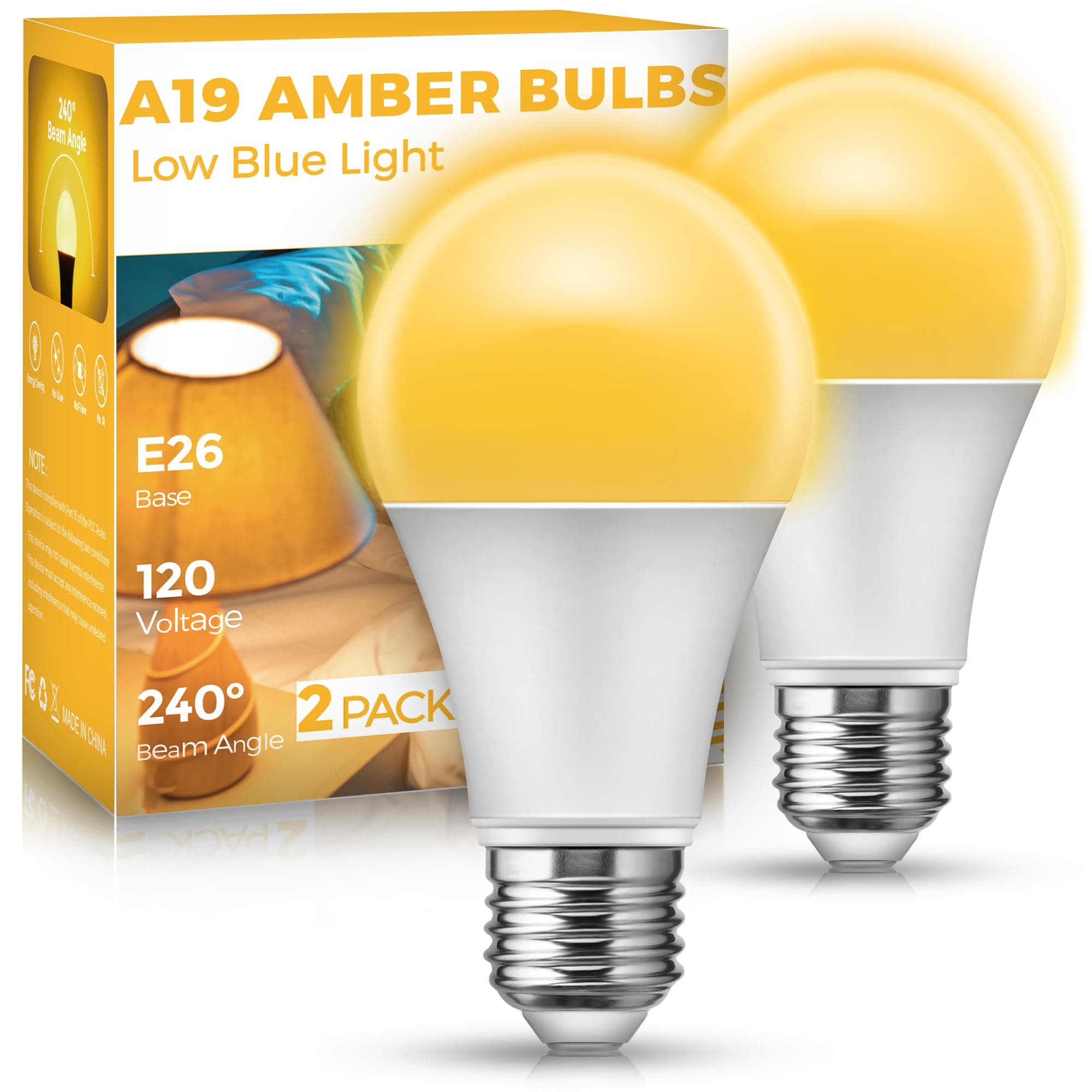 Sleep Light Bulb, Amber Light Bulbs for Sleep Therapy, Blue Light Blocking, 1900K Dim Light Bulbs 60W Equivalent, Mood Soothing Light, E26 A19 Warm Light Bulbs for Bedroom, Nursery, 2 Pack
