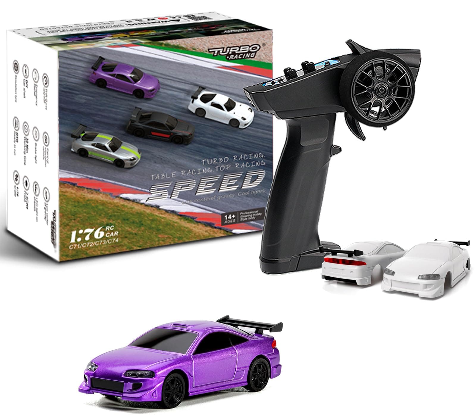 Turbo 1/76 Scale RC Car with 2.4G Remote contorl Classic LED Lights Full Proportional Vehicles Models(C72-Purple)