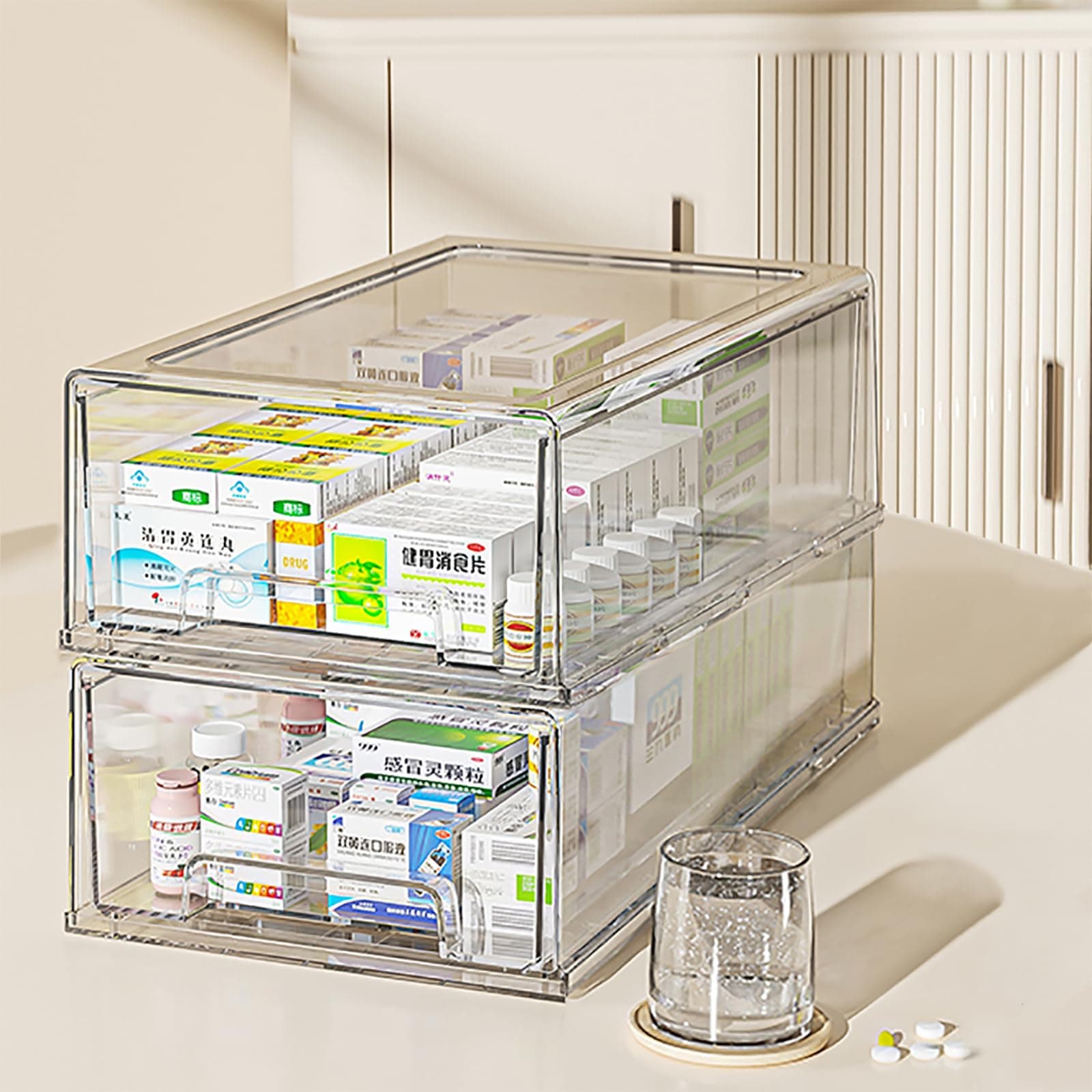 2 Pack - Clear Pulling Medicine Drawer First Aid Kit Box for Bathroom, Cabinet, Closet,Medicine Organizer, Medicine Storage Box Adhesive Bandages Family Emergency Kit (L drawer)