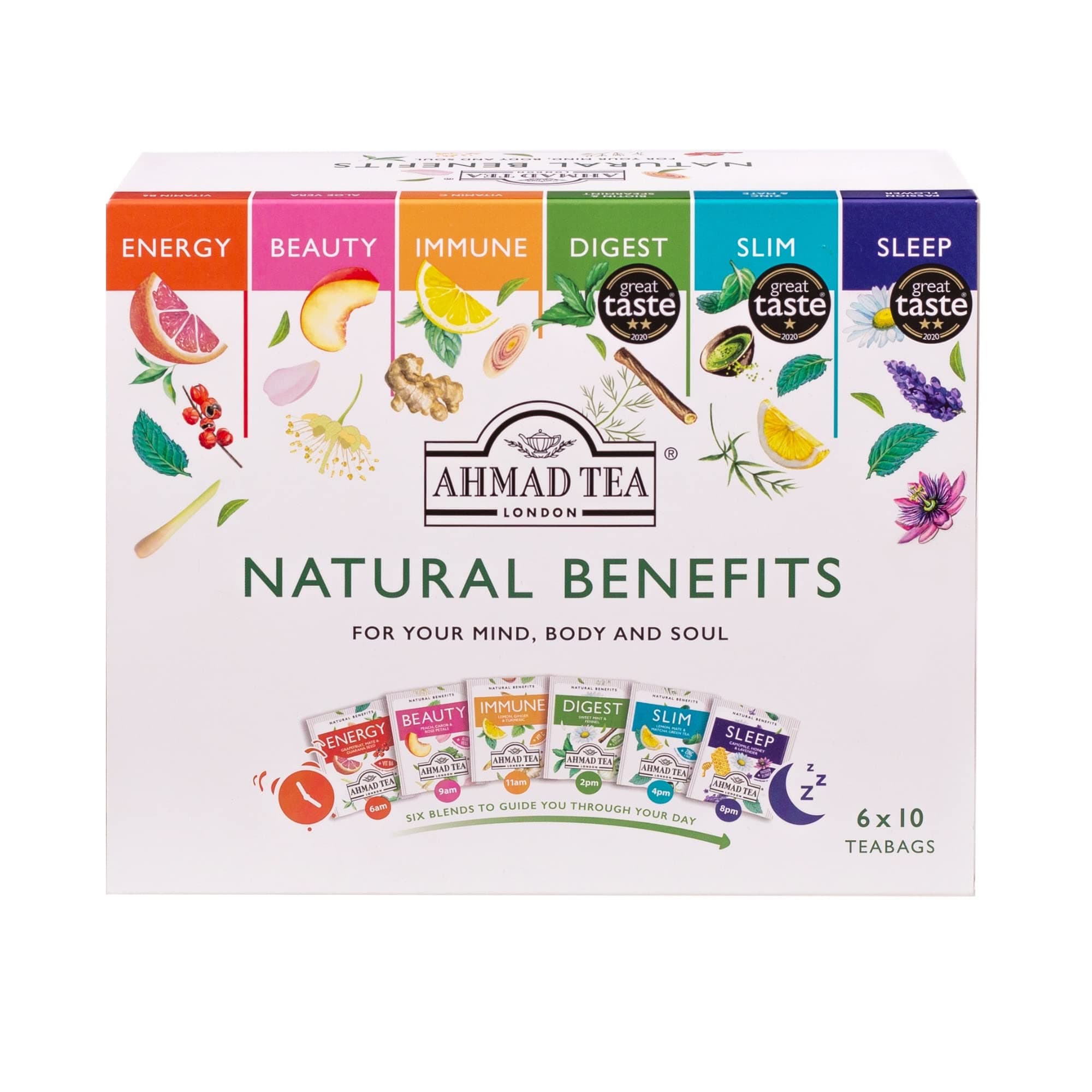 Natural Benefit Functional Tea Selection Pack | Green teas, Fruit & Herbal Infusions | Perfect herbal tea gift - 60 Teabag Sachets | 6 blends