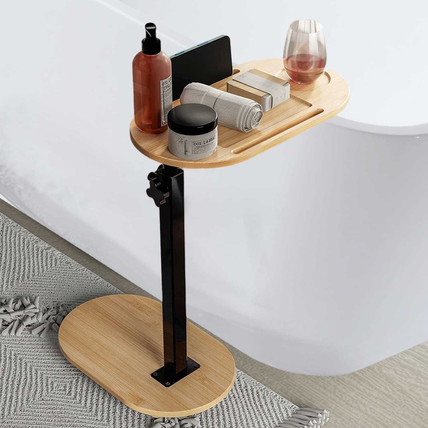 Bamboo Bathtub Tray Table with Adjustable Height, Freestanding Bath Caddy Tray for Tub Against Wall, Bathtub Side Table Tub Shelf for Luxury Bath Home Spa Bathtub Accessories and Gift Choice