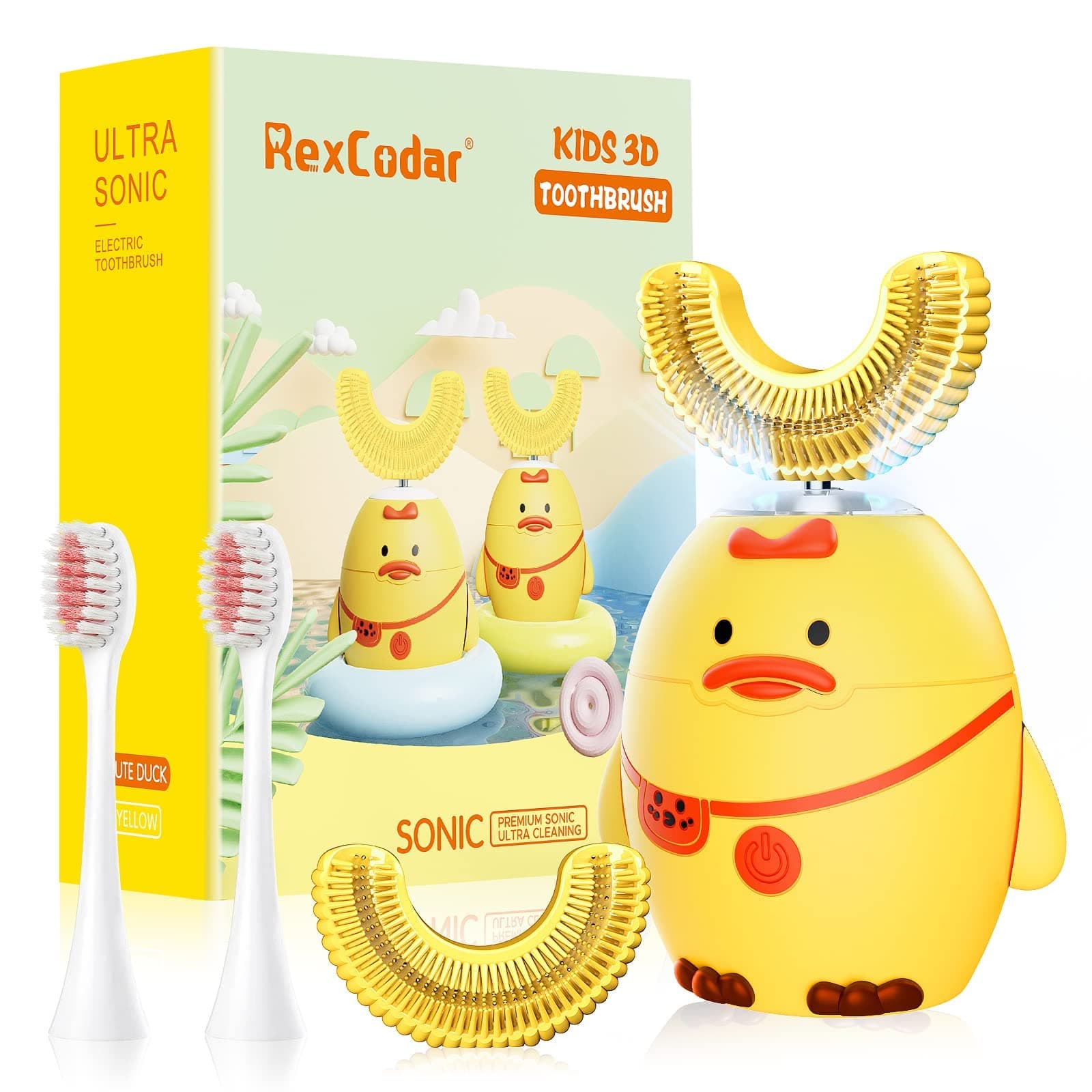 RexCodarKids Electric Toothbrush,U Shaped Ultrasonic Automatic Toothbrush IPX7 Waterproof Toothbrush with 5 Smart Modes (Cartoon Duck,Ages 6-12)
