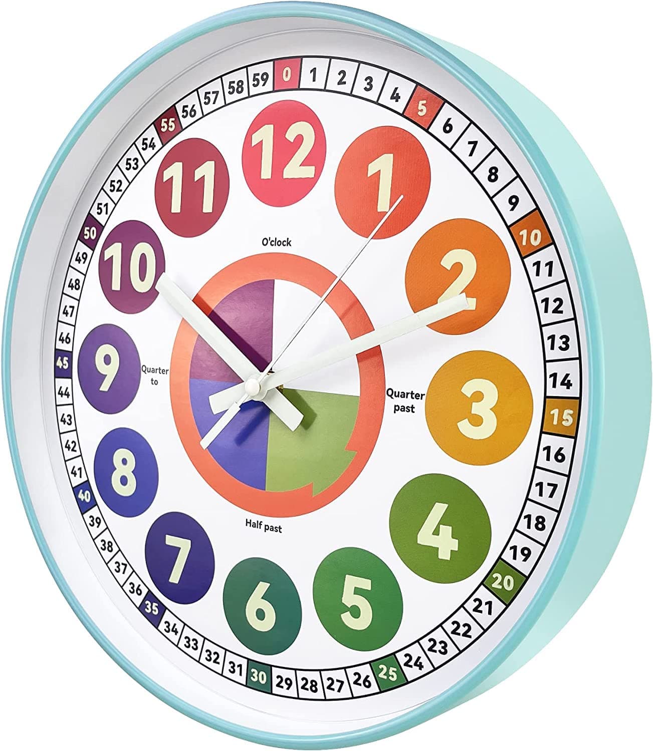 Learning Clock for Kids, Glow in The Dark Wall Clock for Bedroom, 12 Inch Silent Night Light Kids Wall Clock, Colorful Illuminated Telling Time Teaching Clock,Kids Room Decor (Illuminated Ice Blue)