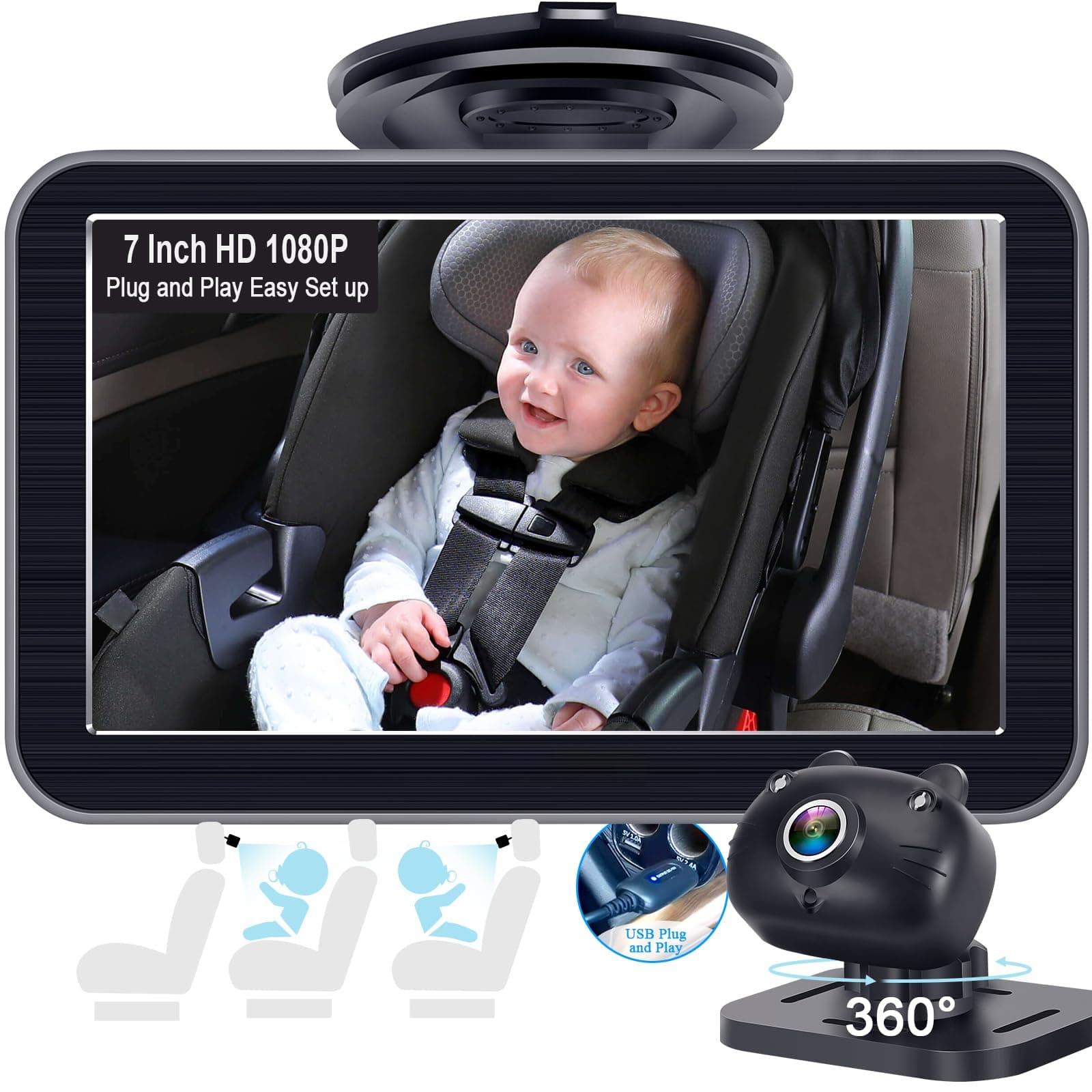 DoHonest 7-Inch Car Camera: USB Plug and Play Easy Setup 360° Rotating Rear Facing Car Seat Camera Two Kids HD 1080P Night Vision - V9