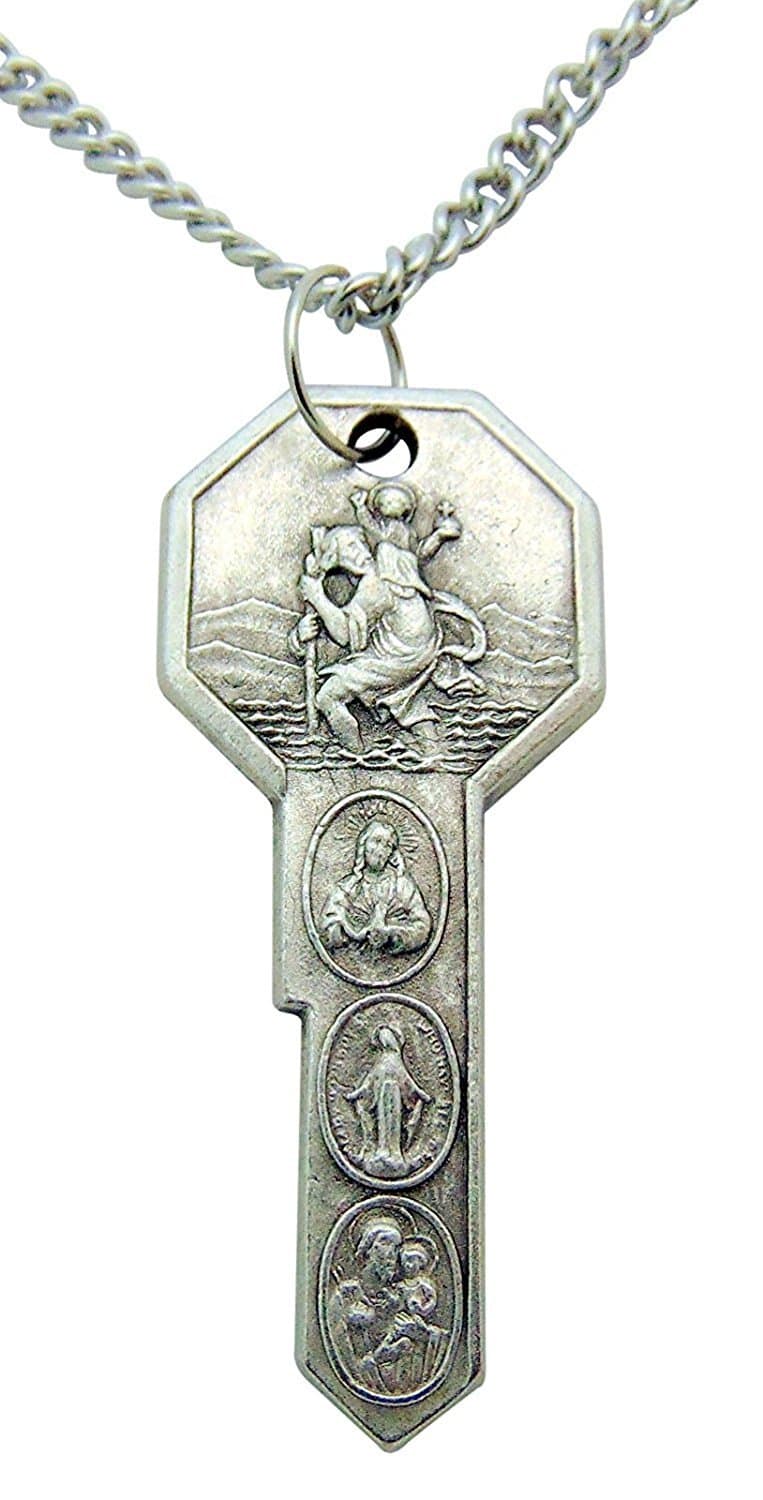 Saint Christopher & St Anthony Key Pendant 2 Inch Long with Chain