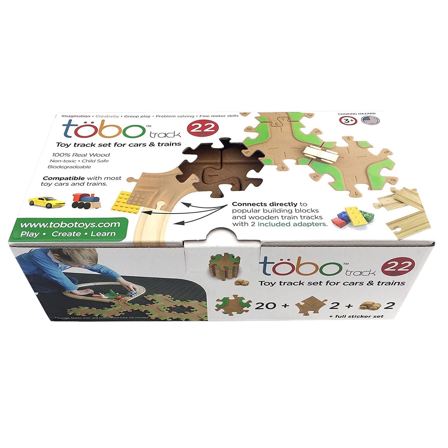 Tobo Track 22 - Mega Pack. The Smartest Fun Track for Your Kids - Brain Toy Award Winner Connects Directly to Thomas, Brio, Lego and Other Toddler Safe Eco Friendly Wood - Made in USA.