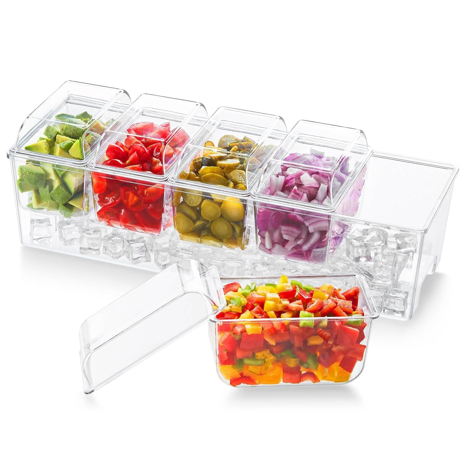 Ice Chilled Condiment Caddy with 5 Containers, Server Tray with Lids, Serving Tray Platter with Removable Dishes Snack Box for Salad Bar, Fruit, Pizza, Fruit, Buffets, Party Accessories