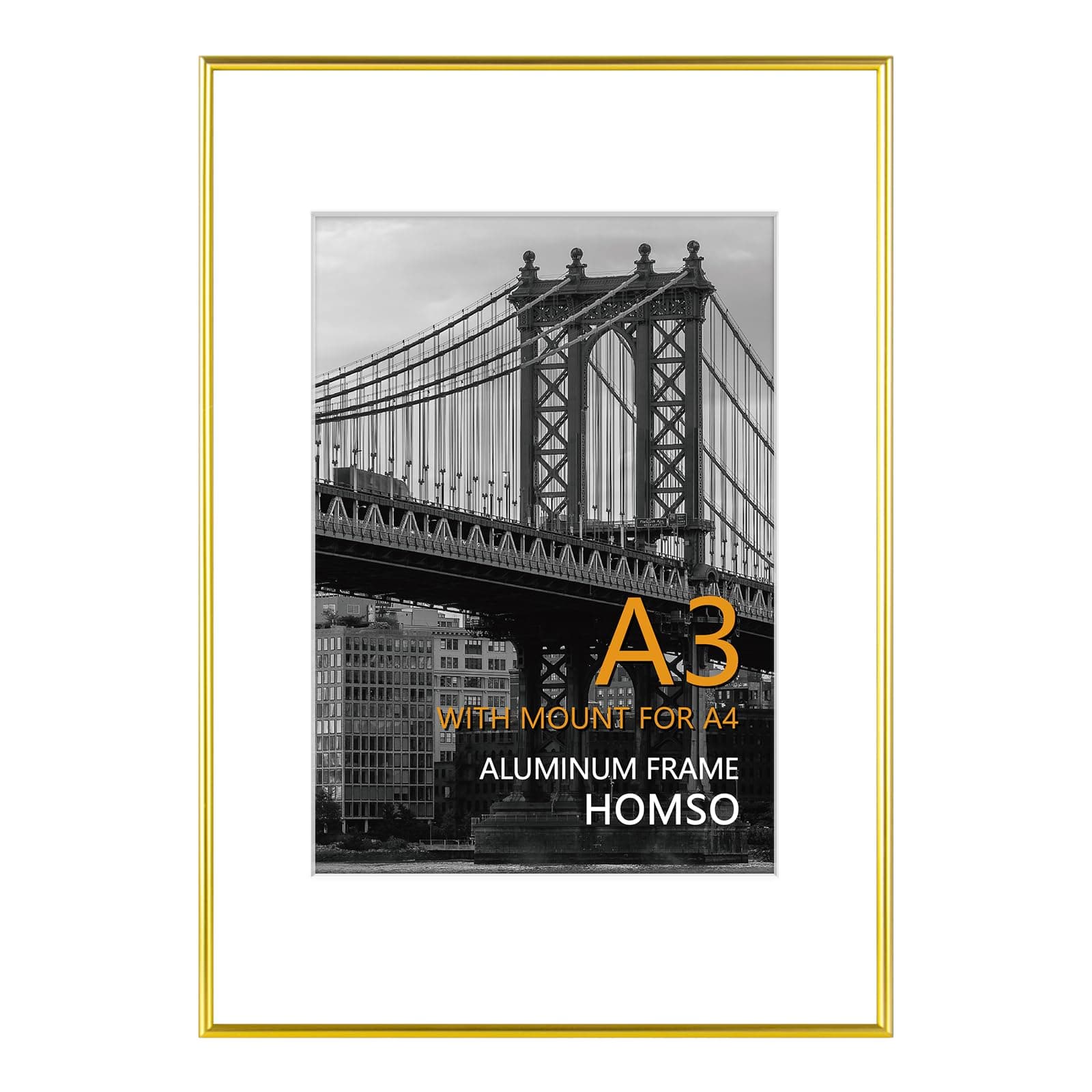 Homso A3 Gold Picture Frame, Metal Thin Board A3 Frames with Acrylic Plexiglass for Pictures A4 with Mat or 11.7 x 16.5 without Mat for Horizontal and Vertical
