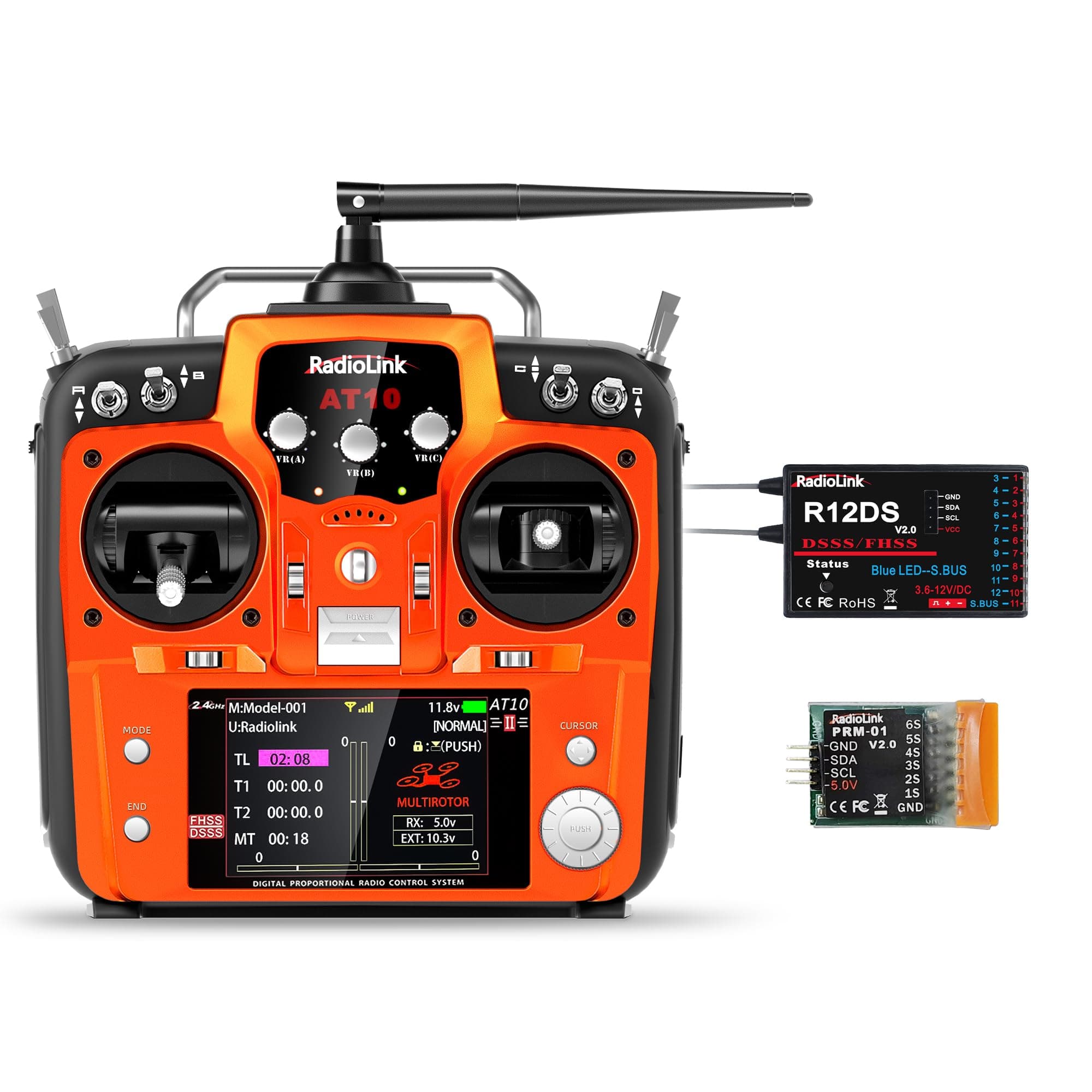 Radiolink AT10II R12DS 12CH RC Transmitter and Receiver, Remote Control 2.4GHz Voltage Telemetry, Radio Control for RC Aircraft, FPV Racing Drone, Quad, Helicopter (Throttle on the Left, English Menu)