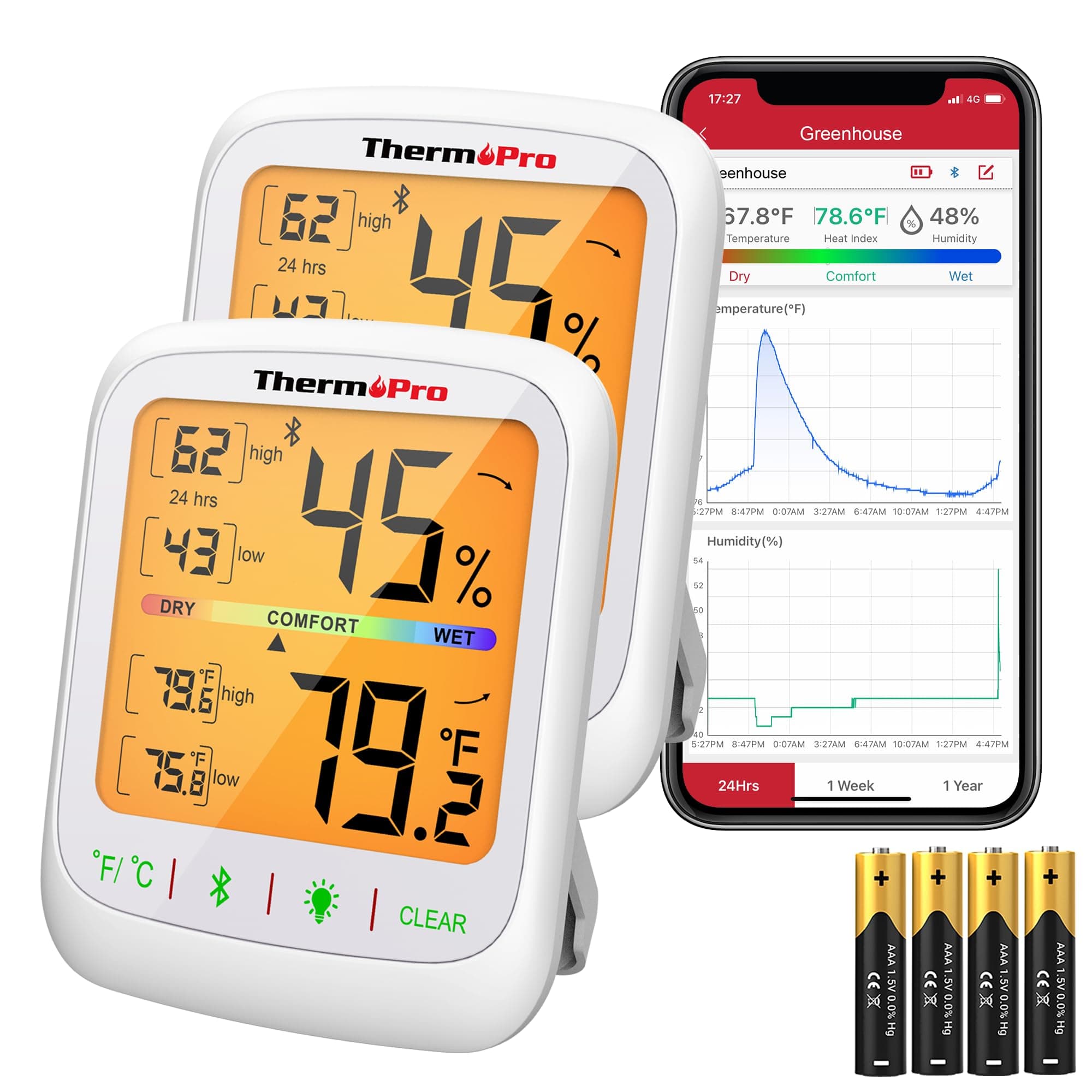ThermoPro Bluetooth Hygrometer Thermometer, 260FT Wireless Remote Temp and Humidity Meter, with Large Backlit LCD, Data Storage and Export, Temperature and Humidity Monitor, Max Min Records, 2 Pack