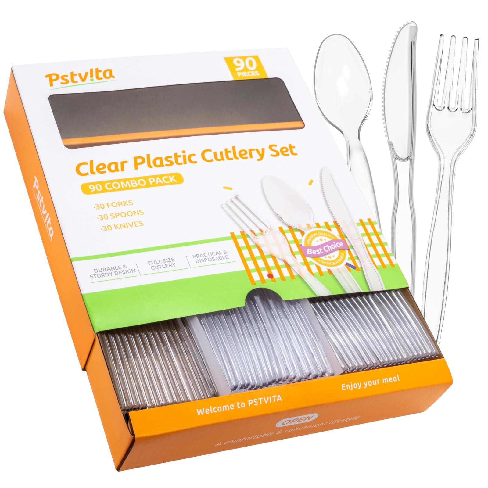 Heavy Duty Plastic Silverware - Clear Utensils Disposable Cutlery Set Pack of 90-30 Forks 30 Spoons 30 Knives