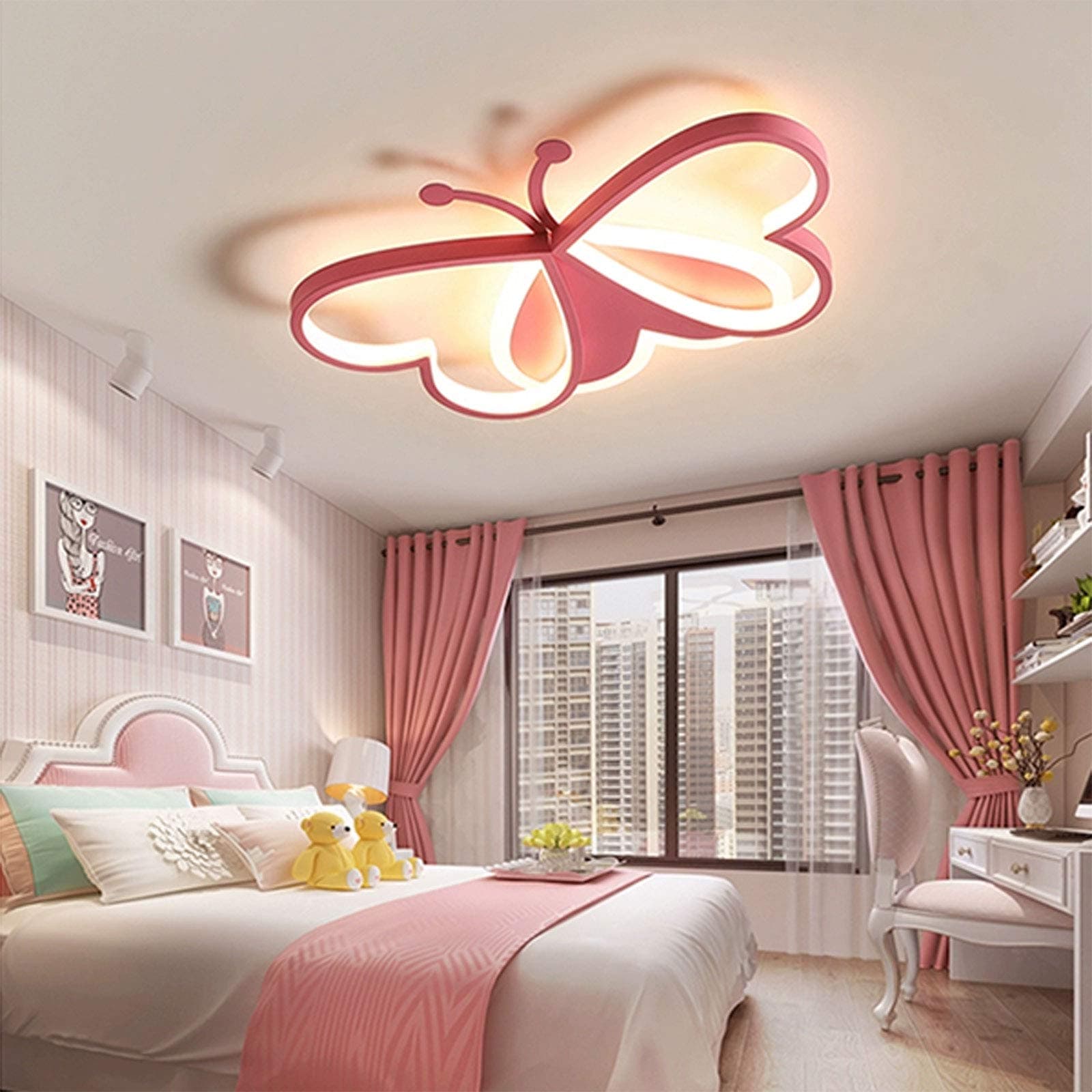 YANG Children's Room LED Ceiling Lamp, 36W Dimmable with Remote Control Metal Creative Butterfly Design Decorative Chandelier, Bedroom Living Room Study Kindergarten Lighting Fixtures,Pink