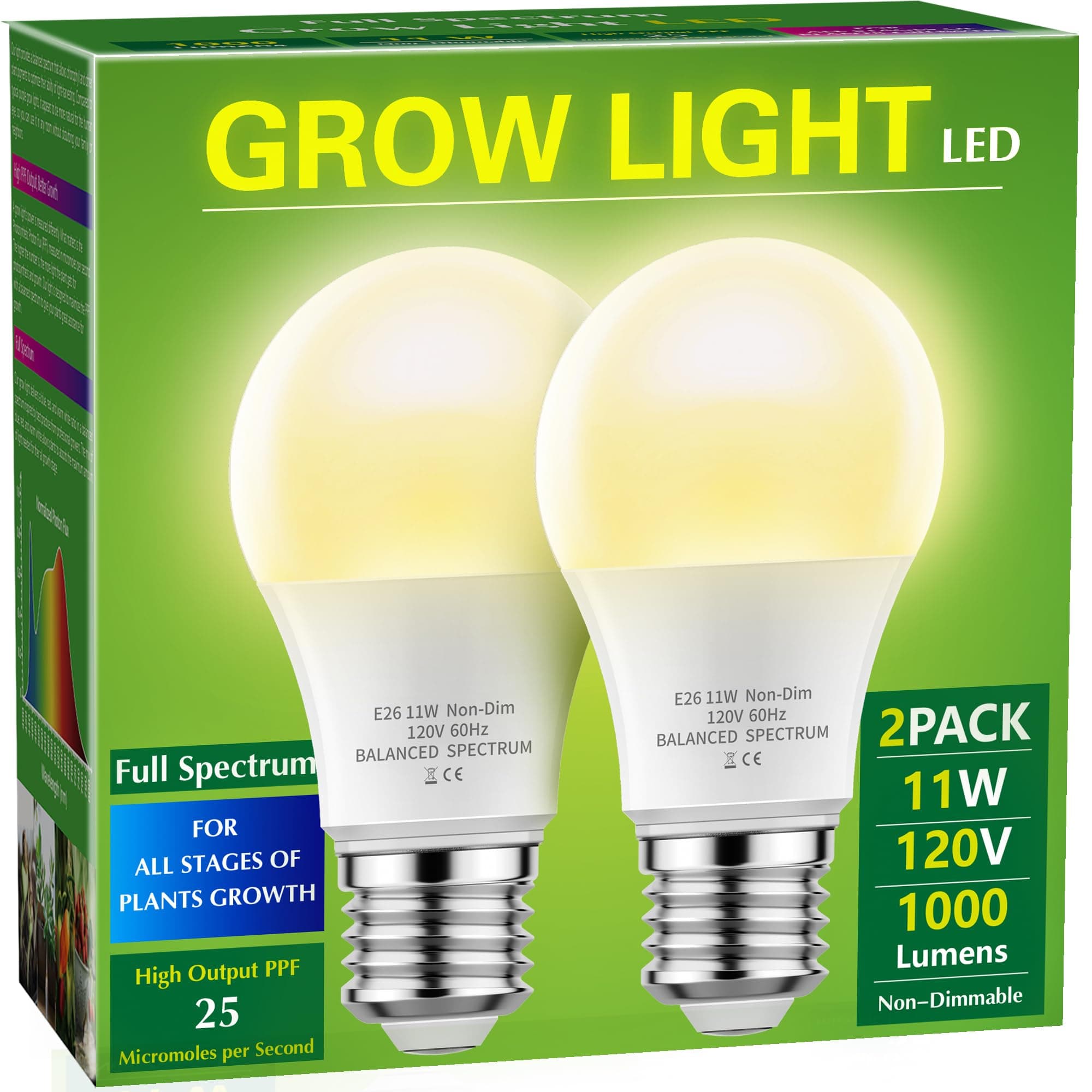LED Grow Light Bulb A19 Bulb, Grow Light Bulbs, Full Spectrum Grow Light Bulb, E26 Base, 11W Grow Bulb 100W Equivalent, Plant Light Bulbs for Indoor Growing, Seed Starting, 2Pack