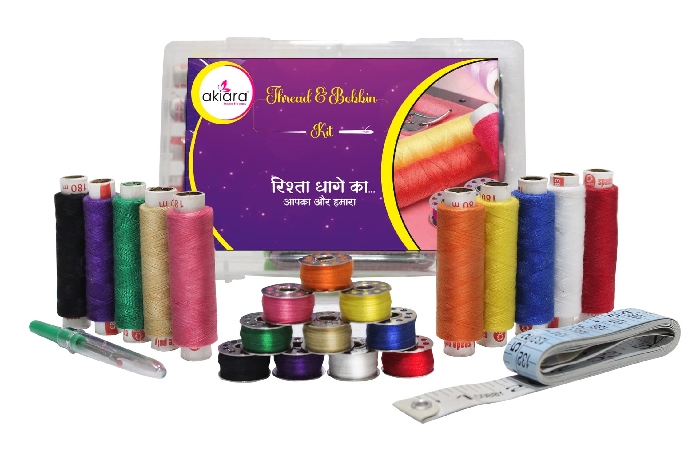Akiara® Sewing Thread & Bobbins Box | Tailoring Accessories| Sewing Kit with Thread Opener, Measuring Tape, 10 Multicolored Threads & 10 refilled Multicolour bobbins