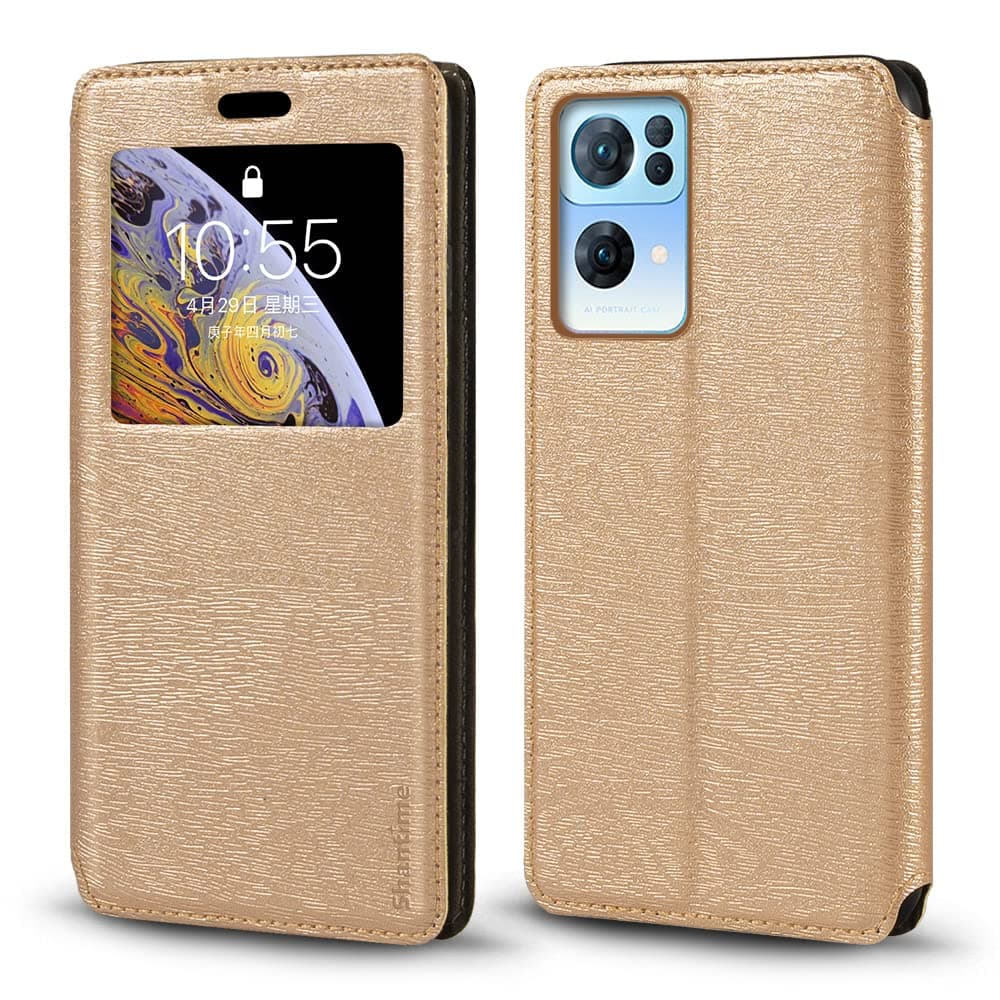 Viewable Window Leather Flip Case Compatible with OPPO Reno 7 Pro 5G, Elegant Design Clear Display Invisible Magnetic Cover and Card Slot(Gold)