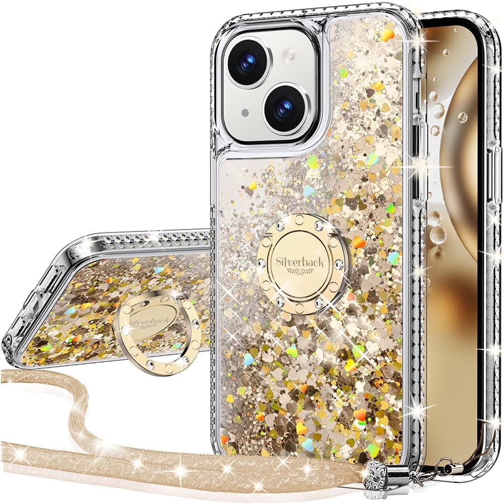 Silverback for iPhone 15 Case, Moving Liquid Holographic Sparkle Glitter Case with Kickstand, Girls Women Bling Diamond Ring Protective Case for iPhone 15 6.1''- Clear Gold