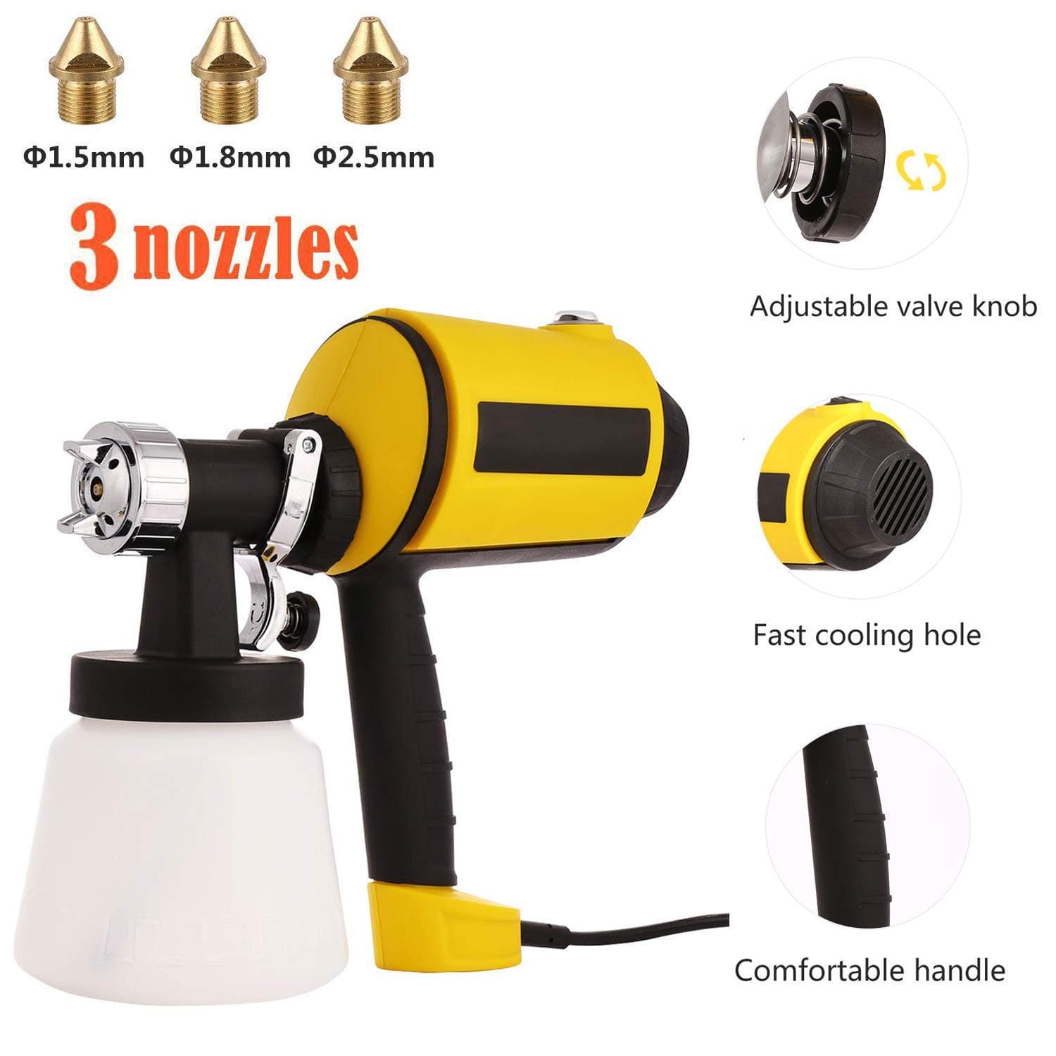 Advanced Electric Spray Gun Paint Sprayer with 3 Spray Patterns, 3 Nozzle Sizes, Adjustable Valve Knob, and Easy Filling Detachable Container