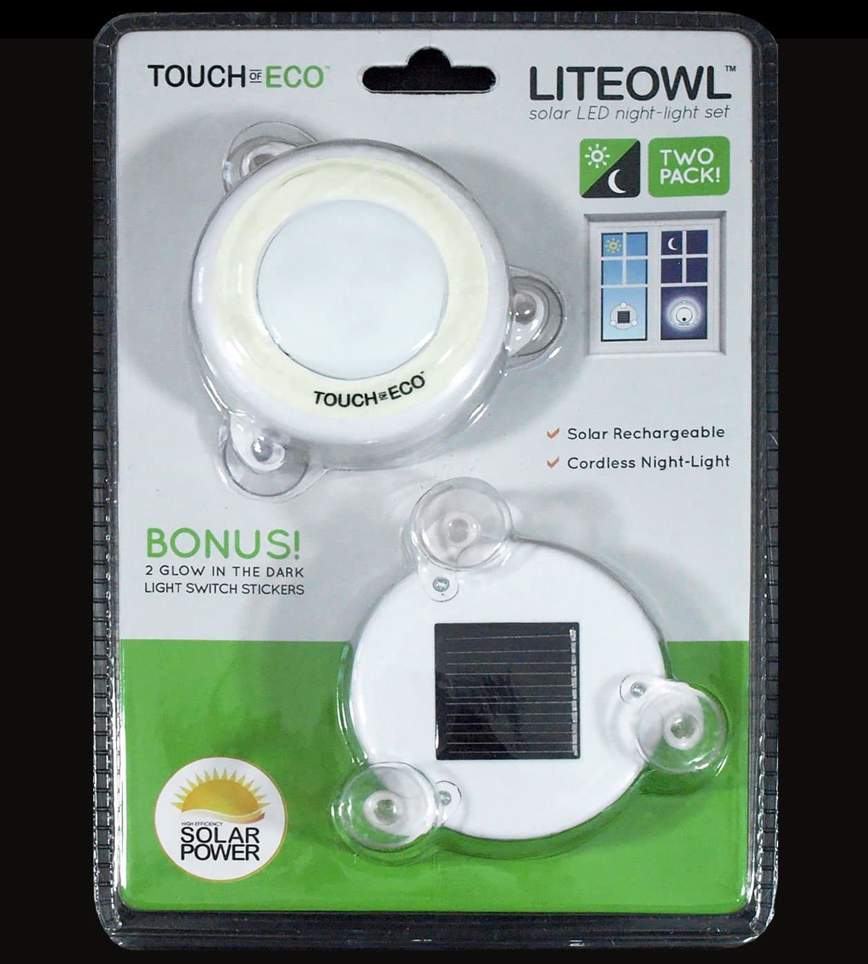 TOE016 Solar Window LED Night Light (Pack of 2), White
