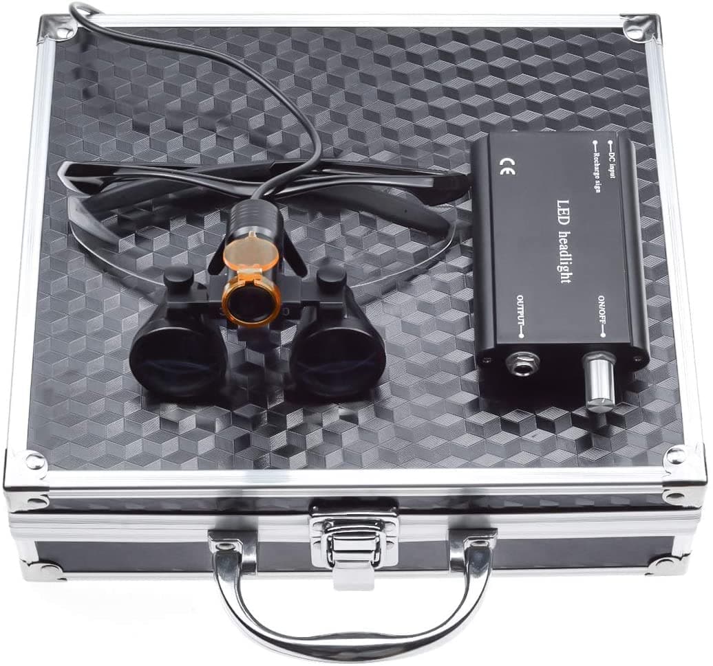 2.5X420MM 5W LED Headlight Lamp Plastic Clip On Type Filter with Working Distance Surg~ical Binocular Loupes Magnifier Aluminum Box (Blue)