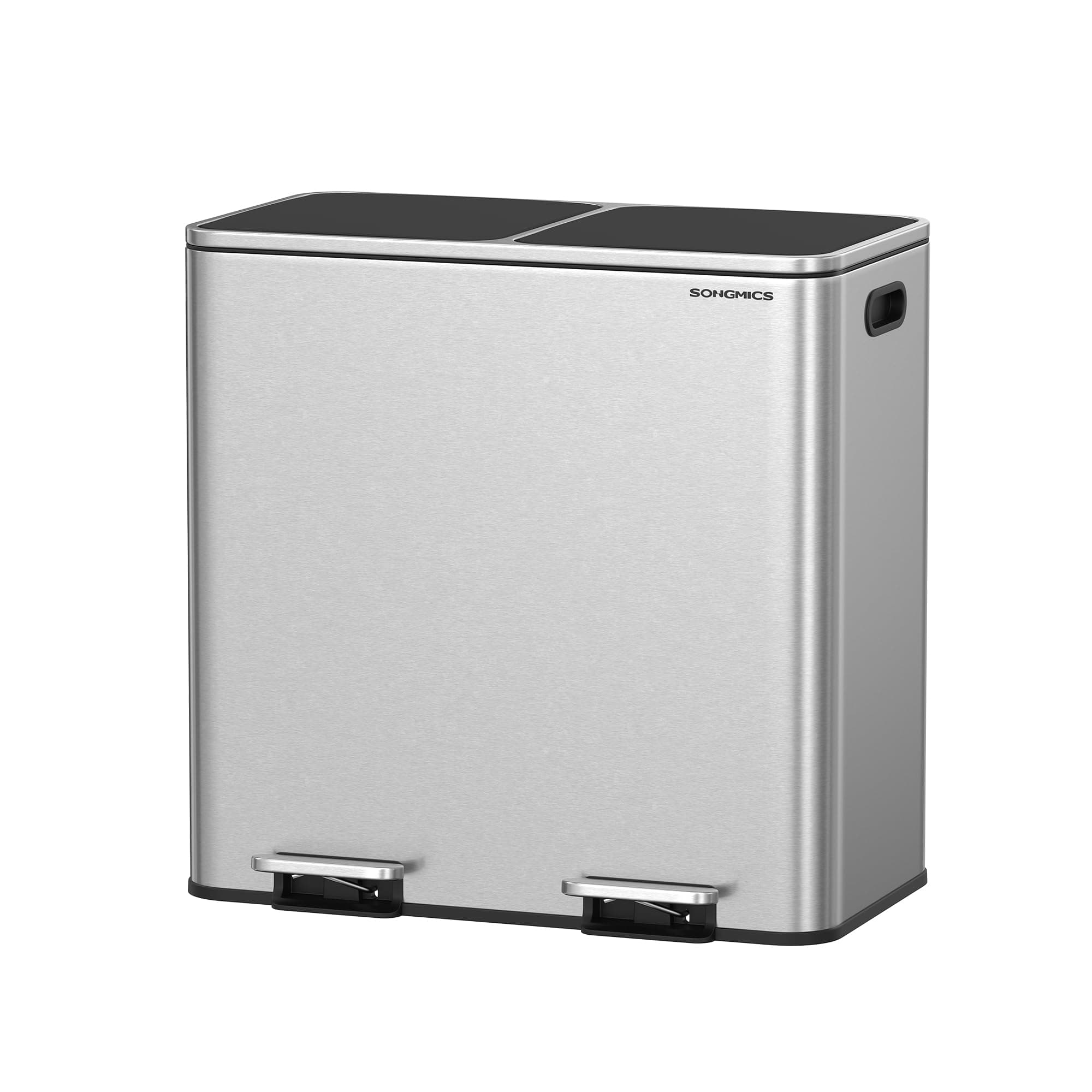Trash Can, 2 x 10.6 Gallon (2 x 40 L) Garbage Can for Kitchen, with 15 Trash Bags, 2 Compartments, Plastic Inner Buckets and Hinged Lids, Airtight, Silver and Black ULTB730E80