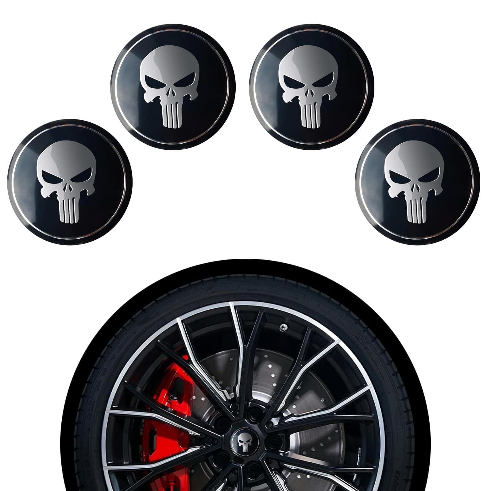 4PCS Wheel Cover Center Caps Sticker, Car Wheel Center Hub Cap Kit, Personalized Skull Design, Center Logo Emblem Modification Hub Cover with Cap Lug Nut Cover
