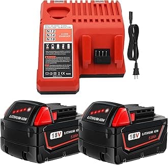 Worthmah 2 Pack 5.0Ah 18V Replacement Batteries and Charger Replacement for Milwaukee M18 Lithium Ion Battery Compatible with Milwaukee 48-11-1815 48-11-1820 48-11-1828 Cordless Power Tools
