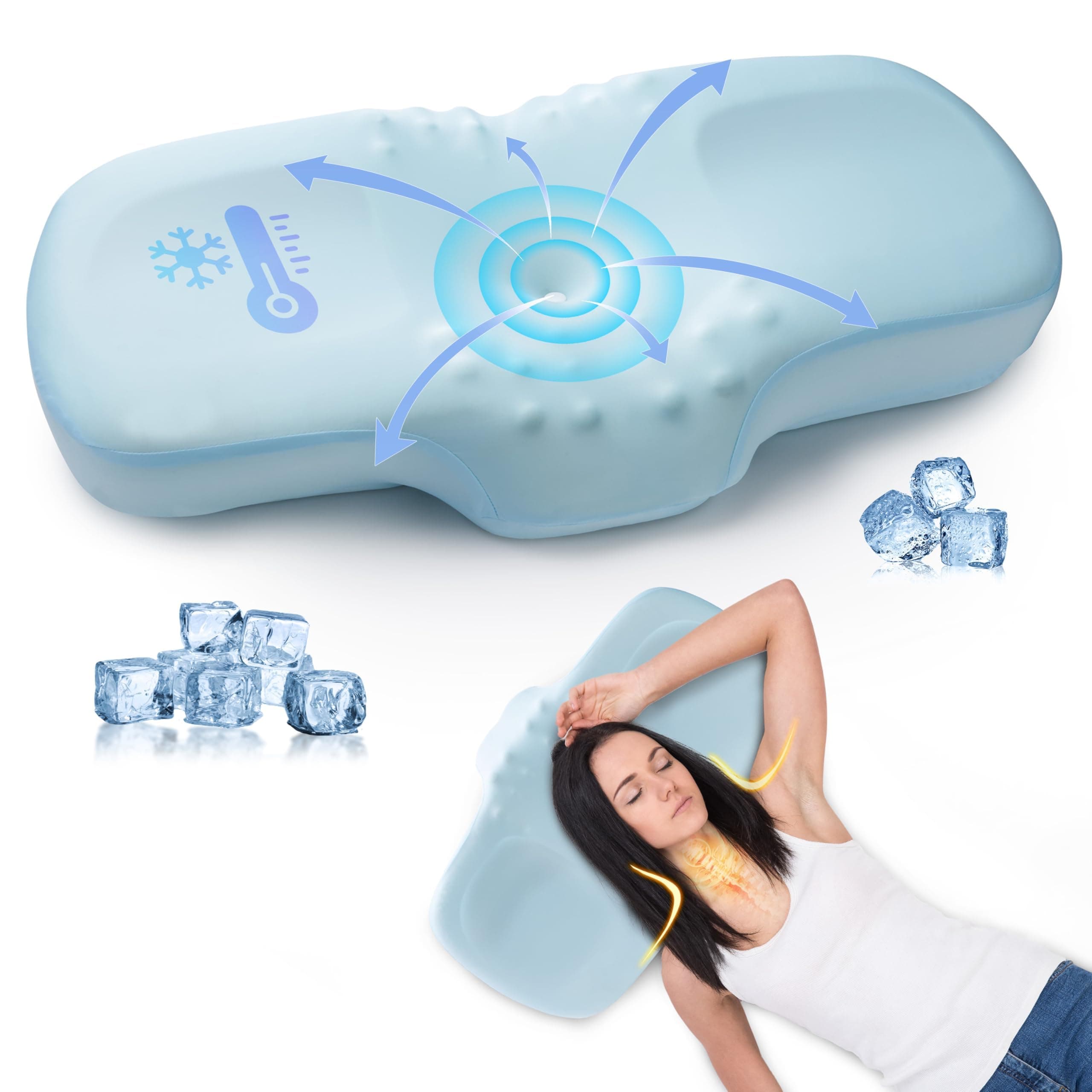 MASTERY MARTCervical Memory Foam Firm Cooling Pillow, Adjustable Height for Shoulder Neck Pain, Orthopedic Support, Contour Pillow for Side Back Stomach Sleeper - 63x40cm