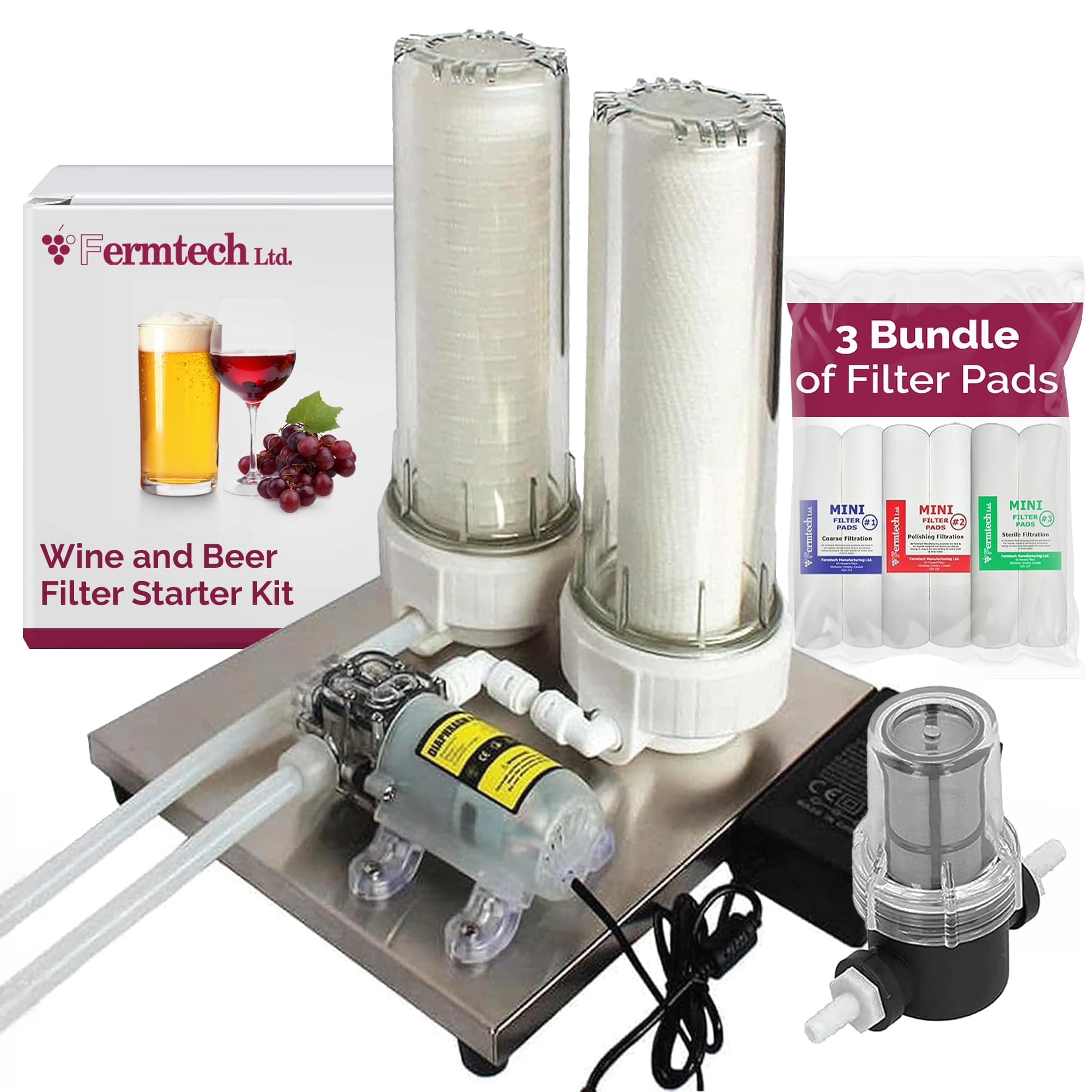 Fermtech Mini 2 Electric Sediment Filter Starter Kit with Pre-Screen, Bundle of Filters. Stainless Steel Wine/Beer/Juice/Kombucha/Liquid Filtering System. Home Pro 10 Inch. Jet Filtration Technology.