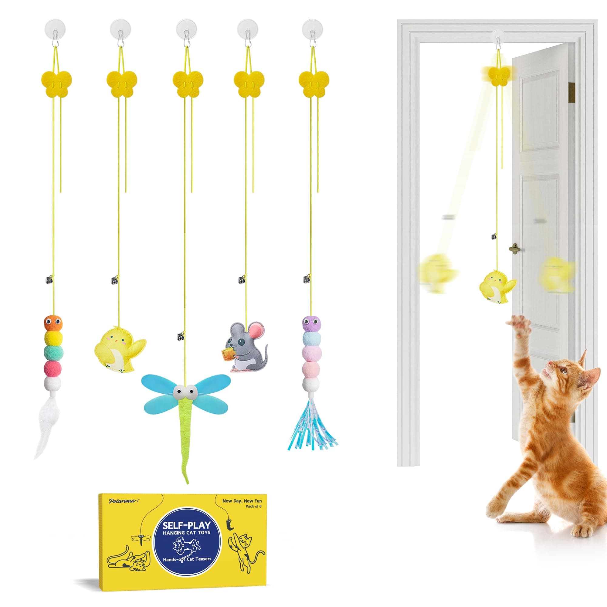 Potaroma Interactive Cat Feather Toys 5 Pcs, Cat Teaser Retractable Hanging Indoor Kitten Play Chase Exercise, Mental Physical Stimulation for All Breeds and Species