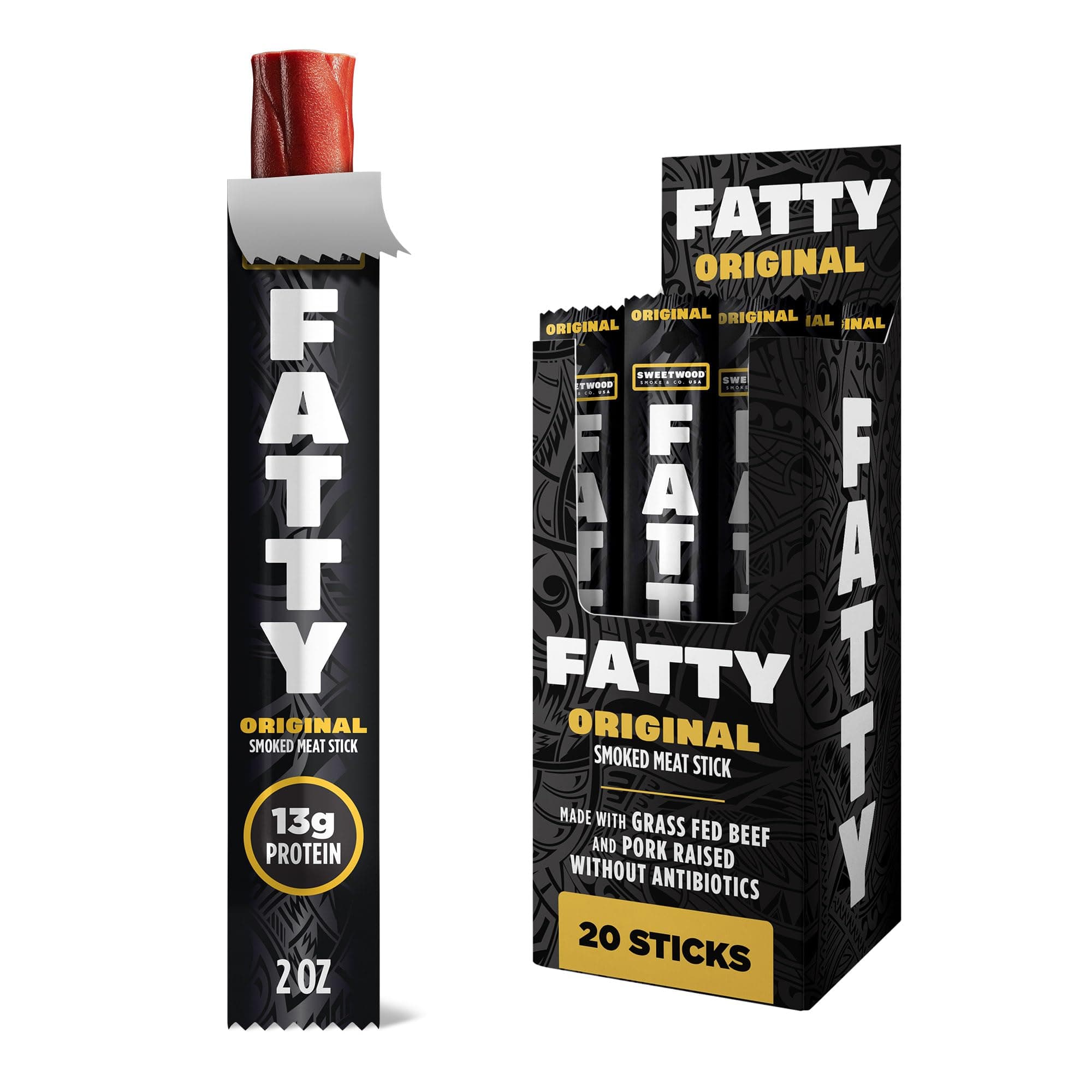FATTY Meat Sticks, Made with Grass Fed Beef, Pork Raised Without Antibiotics, 13g Protein Per Serving, Original, Easter Basket Stuffer for Men, 2 oz. (Pack of 20)