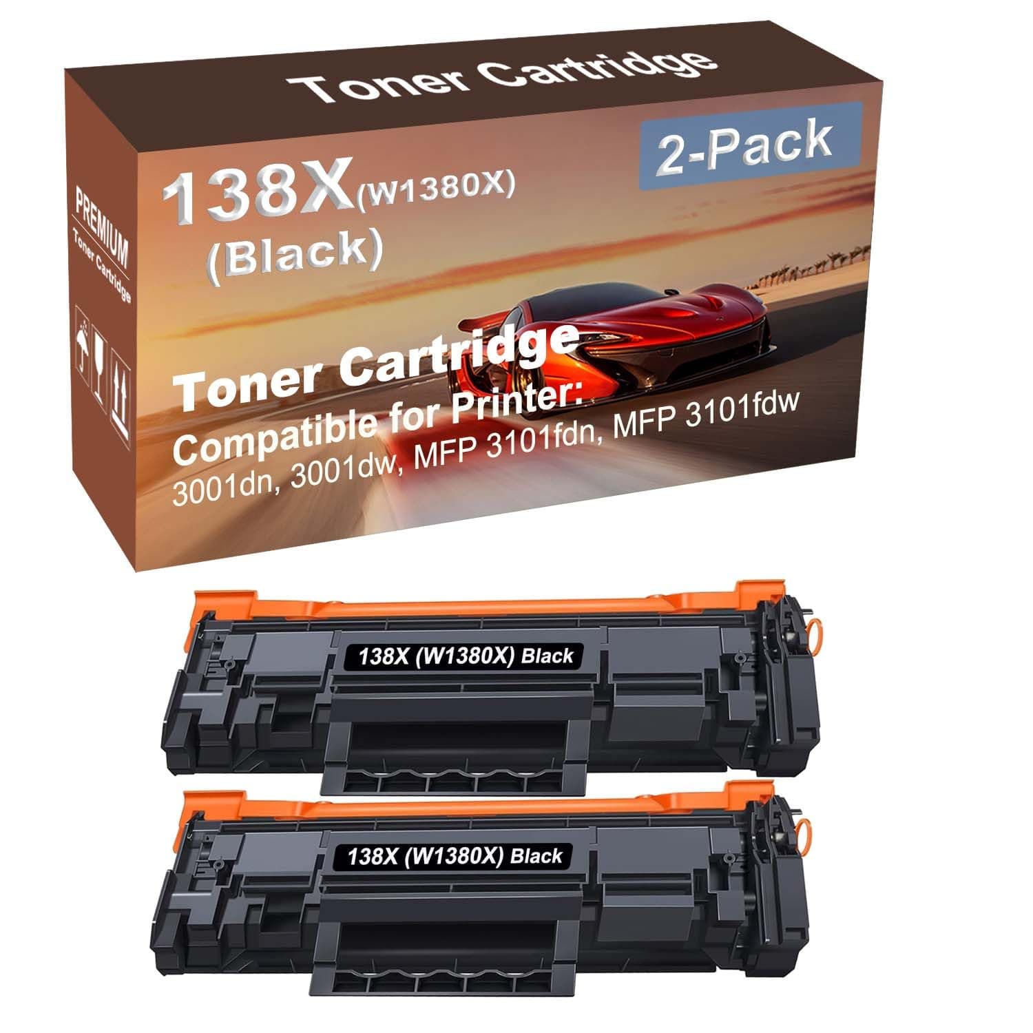 2-Pack Compatible High Yield 3001dn, 3001dw, MFP 3101fdn, MFP 3101fdw Printer Cartridge Replacement for 138X (W1380X) Toner Cartridge (with Chip) (Black)