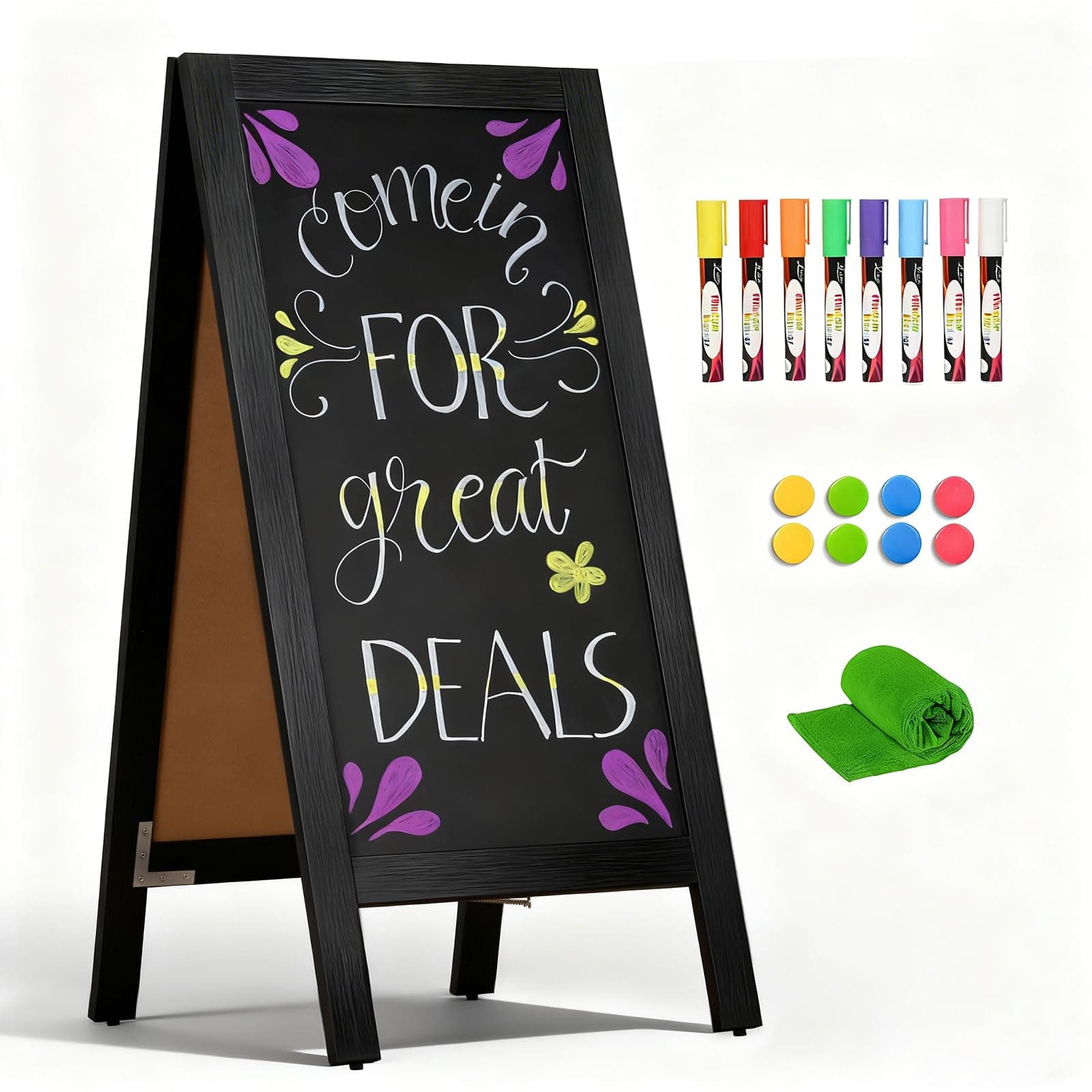 4 THOUGHT A-Frame Double-Sided Magnetic Chalkboard 40"x20", Solid Pine Wood Freestanding Sandwich Board for Restaurants, Cafes, Weddings (Black)