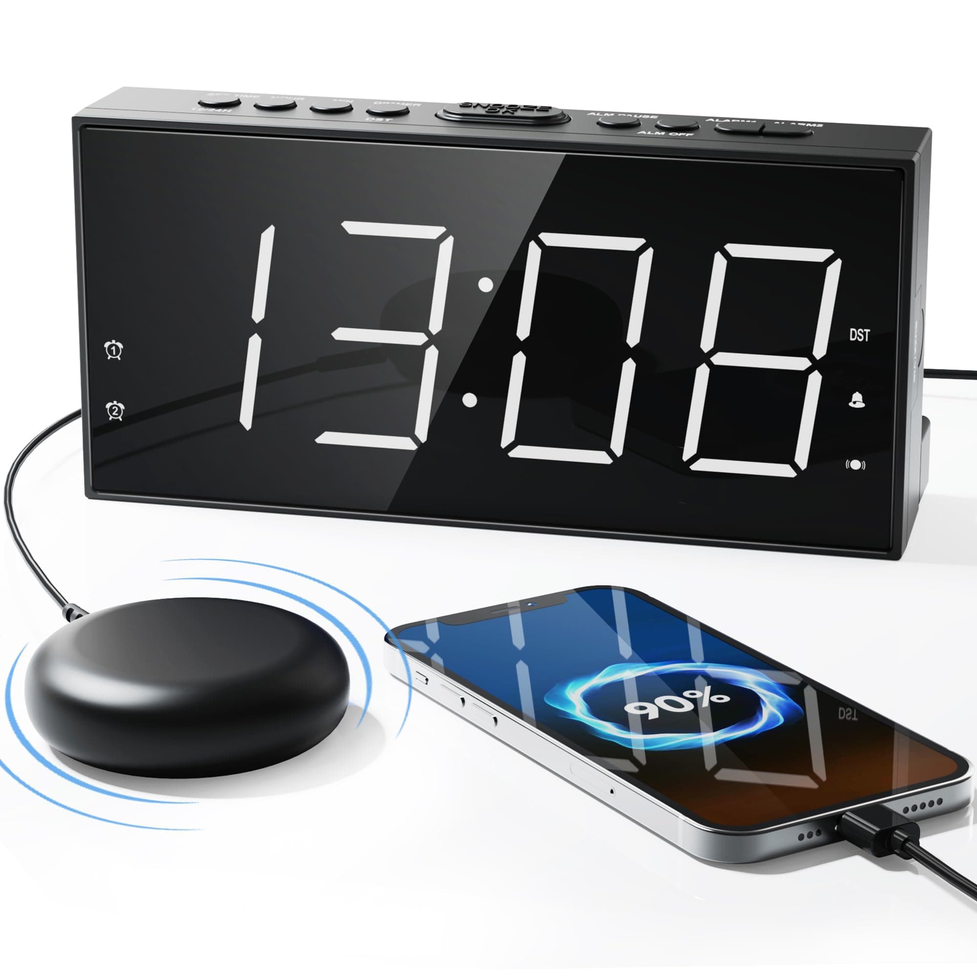 Super Loud Alarm Clock with Bed Shaker for Heavy Sleeper, Dual Vibrating Alarm Clock with USB Charger for Hearing-impaired Deaf, 7.5ââ‚¬â„¢ââ‚¬â„¢ Large Display with Dimmer, Snooze, 12/24H & Battery Backup