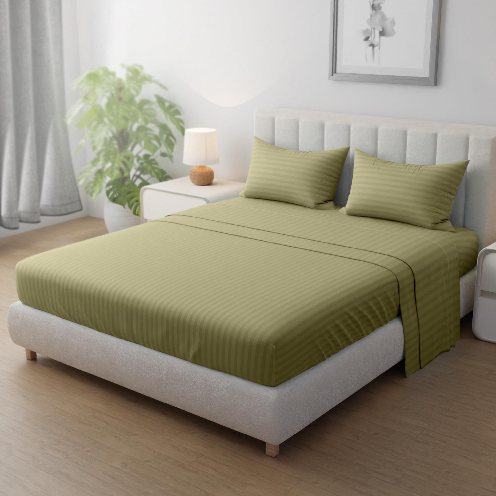 Hotel Linen Klub Striped Microfiber Fitted Sheet Set - Single (90 x 190 cm) + 2 Pillowcases (50 x 75 cm), Premium, Durable Quality, and Deep Pocket for a Perfect Fit, Olive