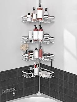 KEGII Telescopic Shower Caddy Corner - Silver Shower Shelf No Drilling Standing Bathroom Organiser Stainless Steel Bathroom Shelf with Hooks