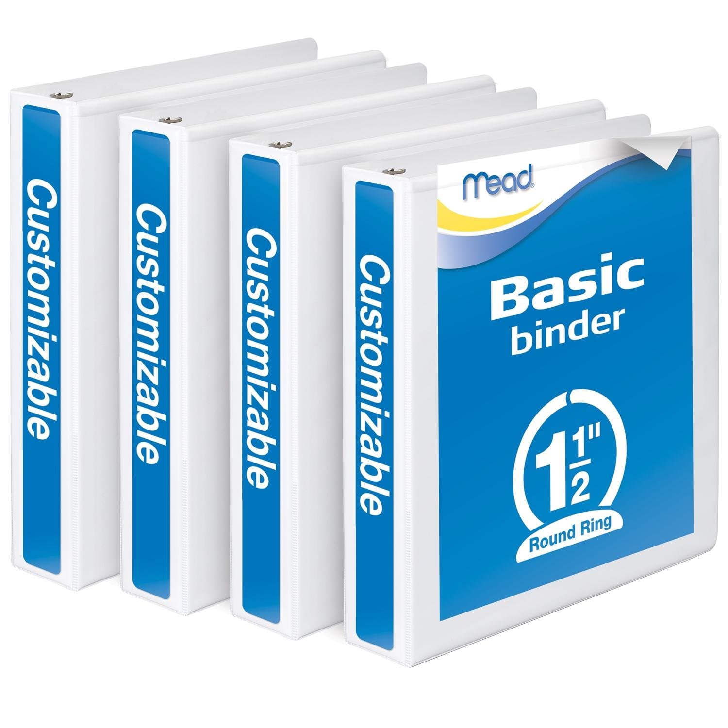Mead 3 Ring Binder, Customizable, 1.5 Inch Round Ring, 4 Pack, White (W463-34WPP)