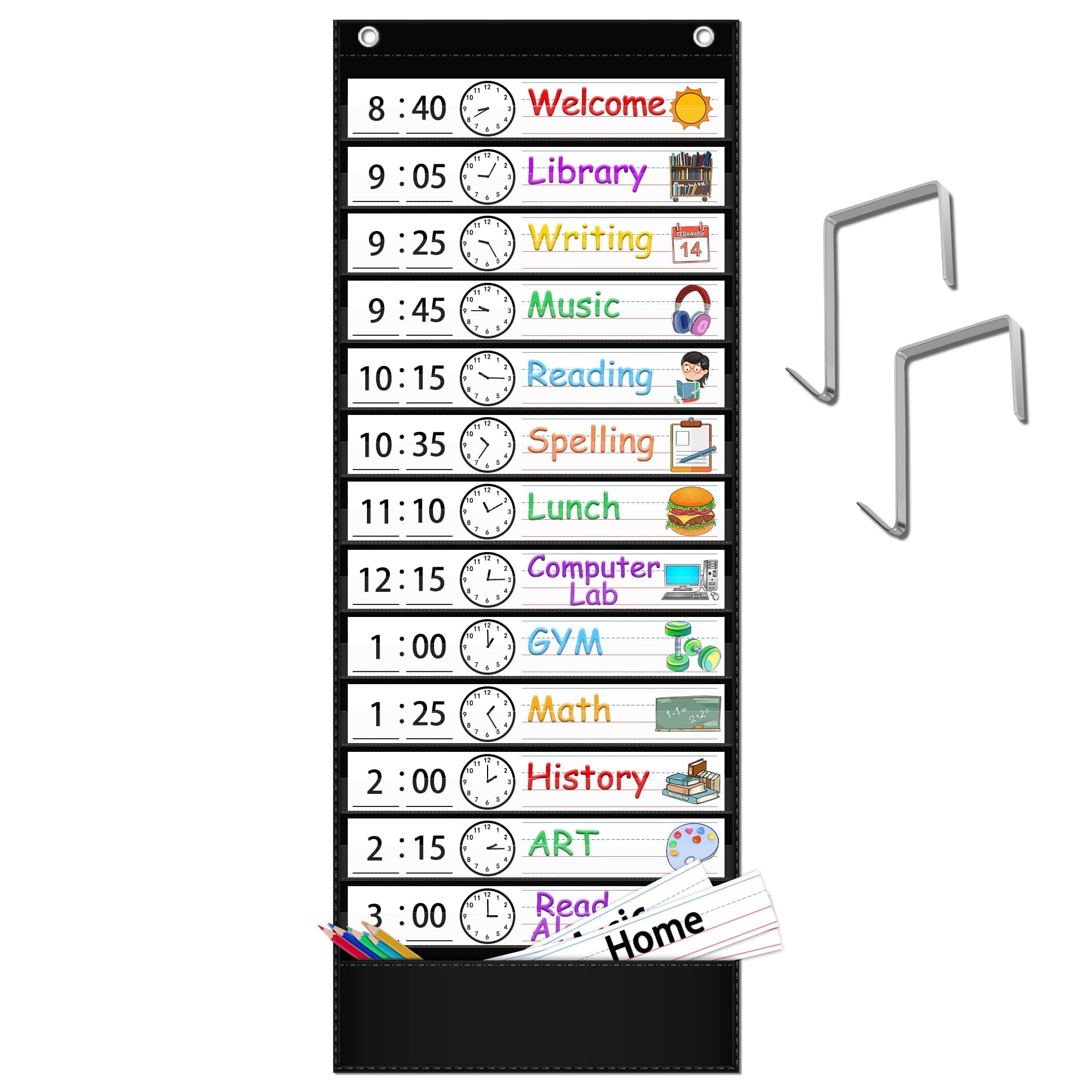 AKAYOK Daily Schedule Pocket Chart — 13+1 Pocket Visual Schedule for Kids, Includes 18 Double-Sided Blank Reusable Dry-Erase Cards, Daily Planner with Hourly Schedule for Classroom, Office, Home, School Activities (Black)
