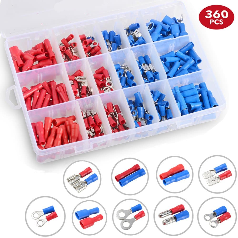 360pcs Electrical Wire Connector Assorted Insulated Crimp Terminals Kit Pack Crimp Connectors Electrical Terminals Spade Bullet Butt Connectors (ABS)