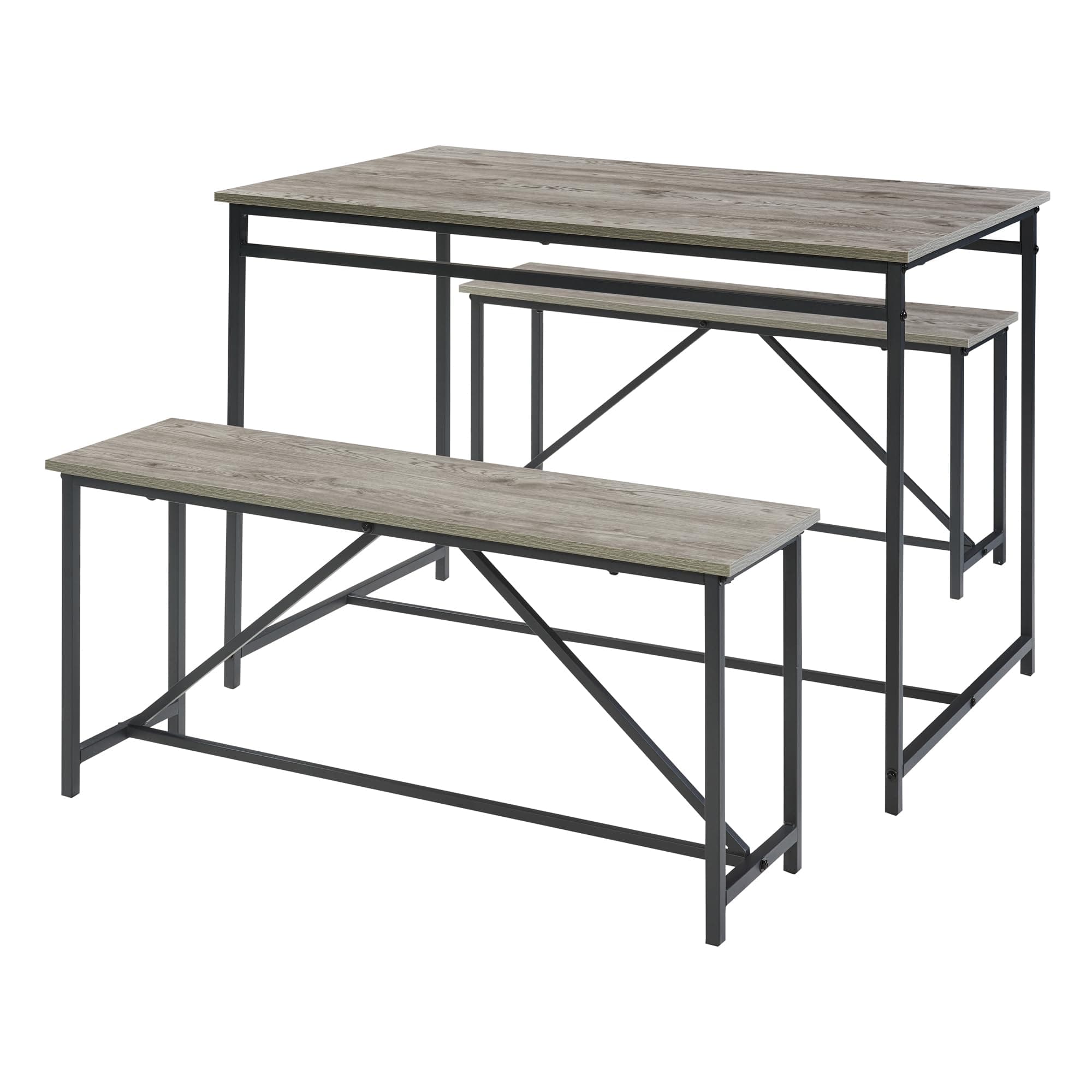 Panana 3 Piece Dining Room Table Set 43 Inch Kitchen Table with Two Benches Breakfast Table Top with Sew Kerf Finish Metal Frame Dining Room Home (Black-Grey)