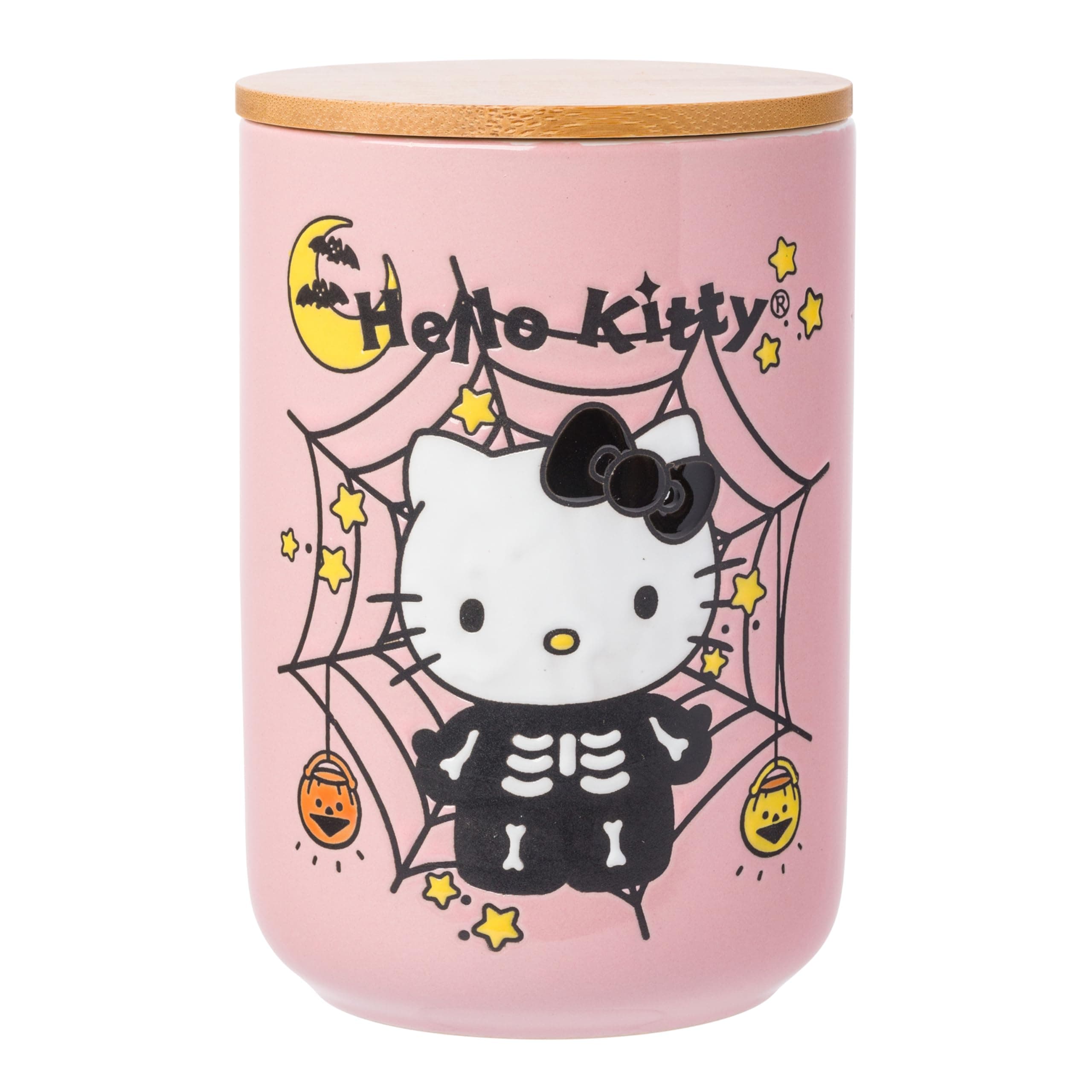Sanrio Hello Kitty Halloween Spooky Skeleton Web Ceramic Cookie Snack Candy Jar with Airtight Bamboo Lid, Lavender (Small)
