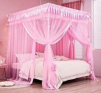 Pink Princess 4 Corners Post Bed Curtain Canopy Mosquito Netting (Twin) by Mengersi