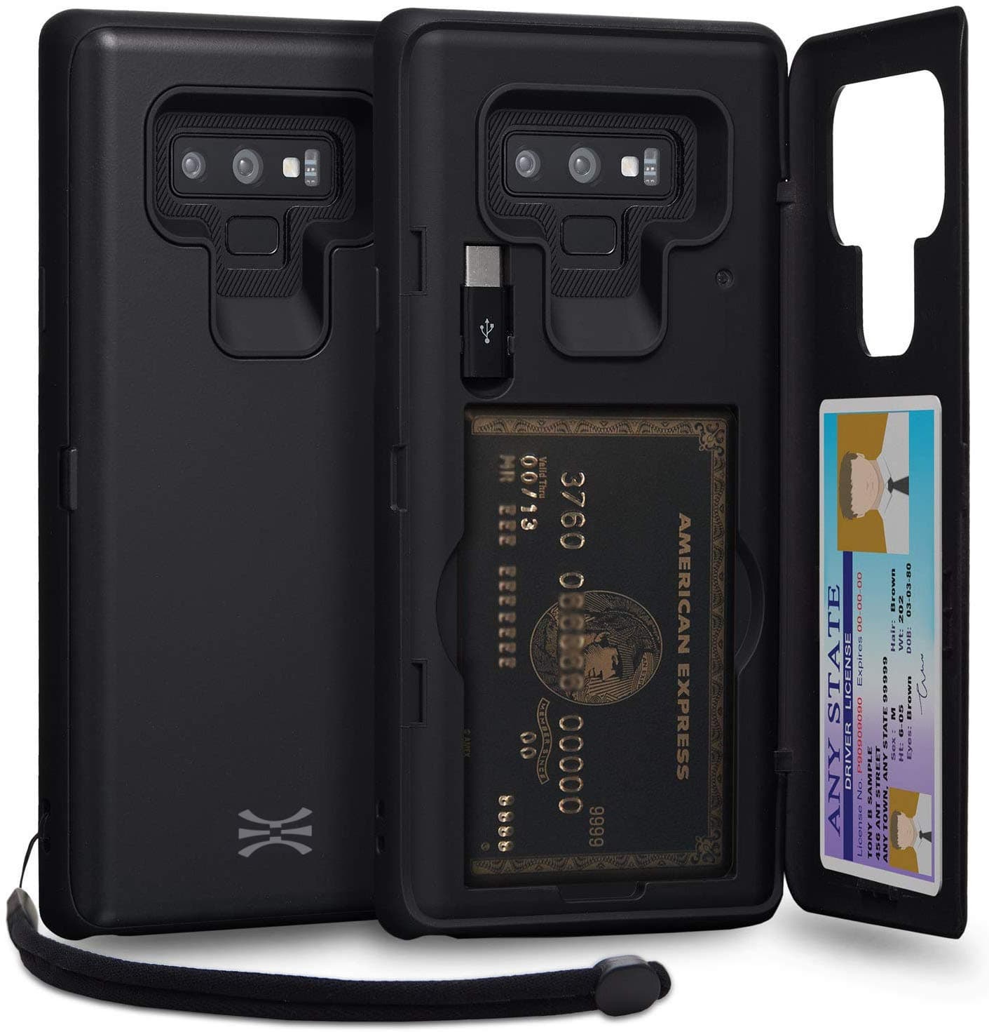 TORU CX PRO Note 9 Wallet Case with Hidden Credit Card Holder ID Slot Hard Cover, Strap, Mirror & USB Adapter for Samsung Galaxy Note 9 (2018) - Matte Black