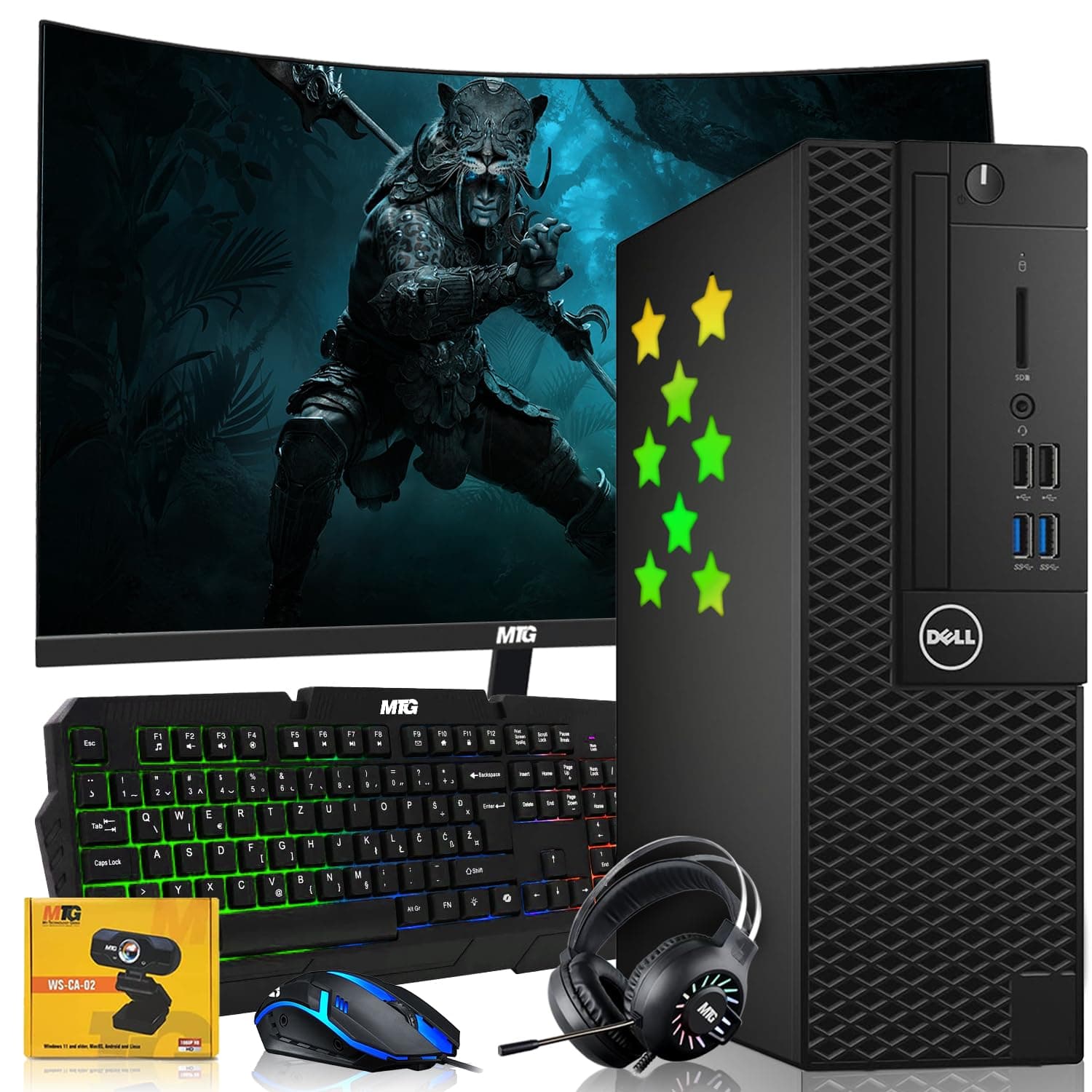 Dell Desktop PC Gaming Bundle - Core i7, 16GB RAM, 512GB SSD, 27-inch Curved Monitor, AMD RX 550, RGB Keyboard with AI-Enabled Copilot Key, Mouse, RGB Headphone, Webcam, Wi-Fi, Win 11 Home (Renewed)