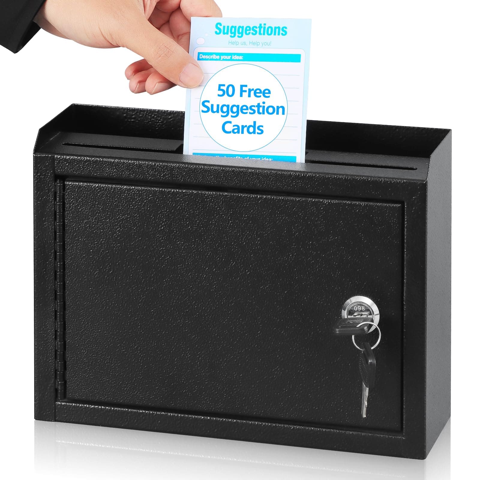 Suggestion Box with Lock and Slot, Small Locking Mailbox for Office, Wall Mount Safe Money/Key Drop Box with 50 Free Suggestion Cards, 9.8" W x 3" D x 7" H, Black