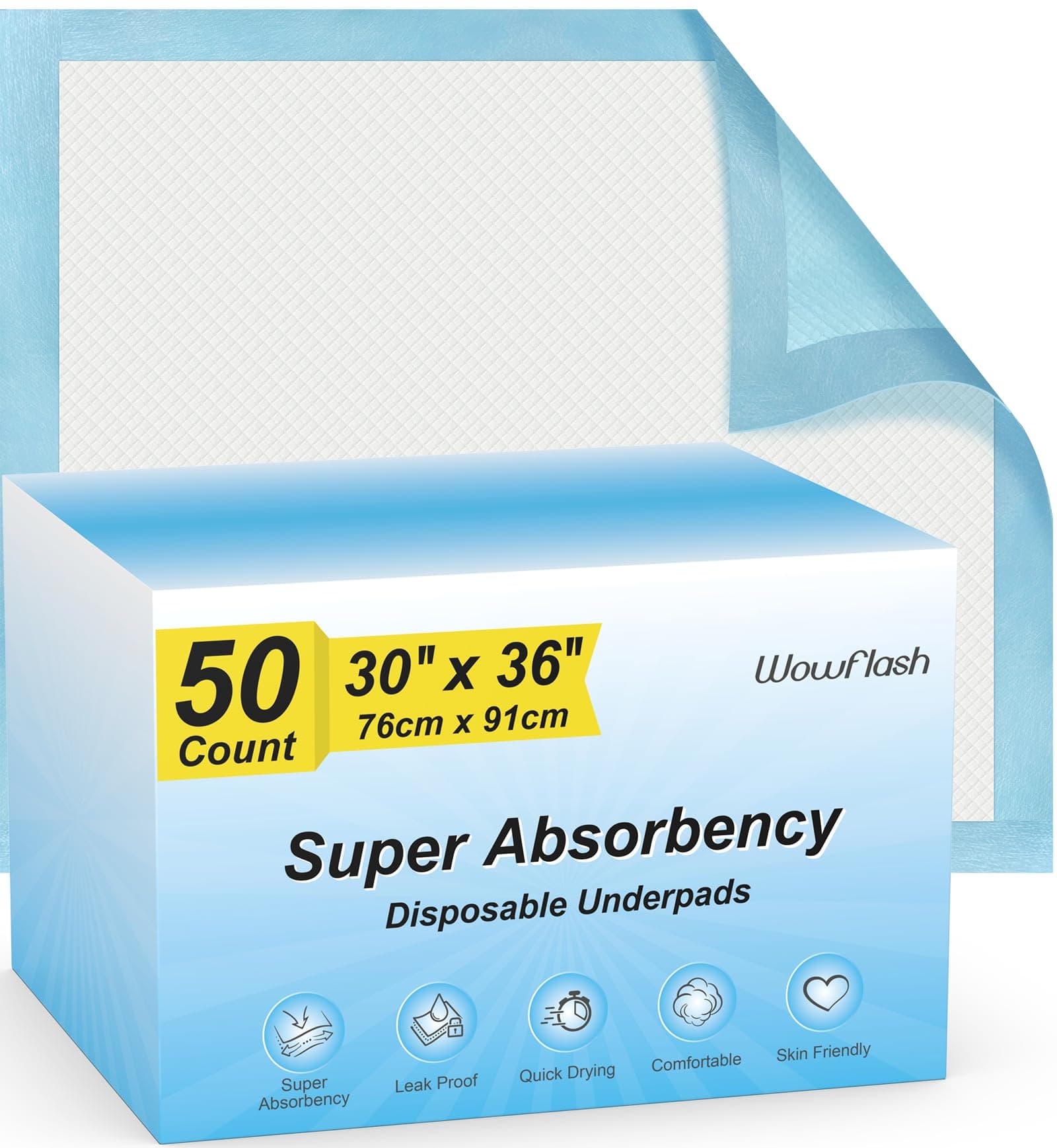 50 Count 30” x 36” Super Absorbency Disposable Underpads, Leakproof Quick Dry...