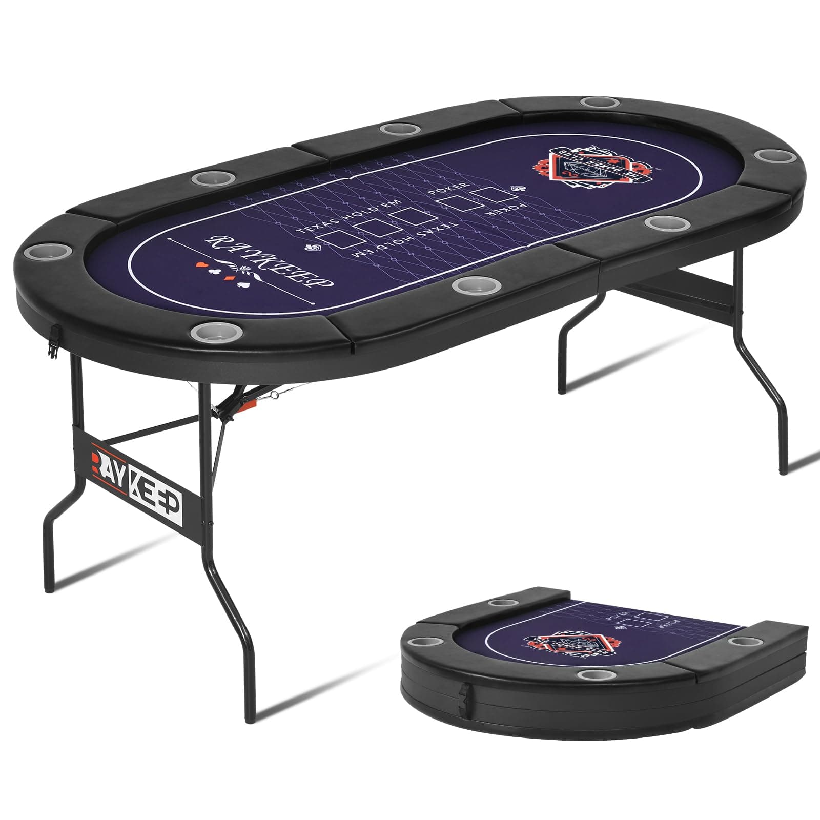 Poker Table Foldable, 8 Player Folding Poker Tables w/Collapsible Legs, Casino Grade Felt, Padded Rails and Cup Holders, Portable Poker Table for Texas Holdem Poker and Blackjack, 71 Inch