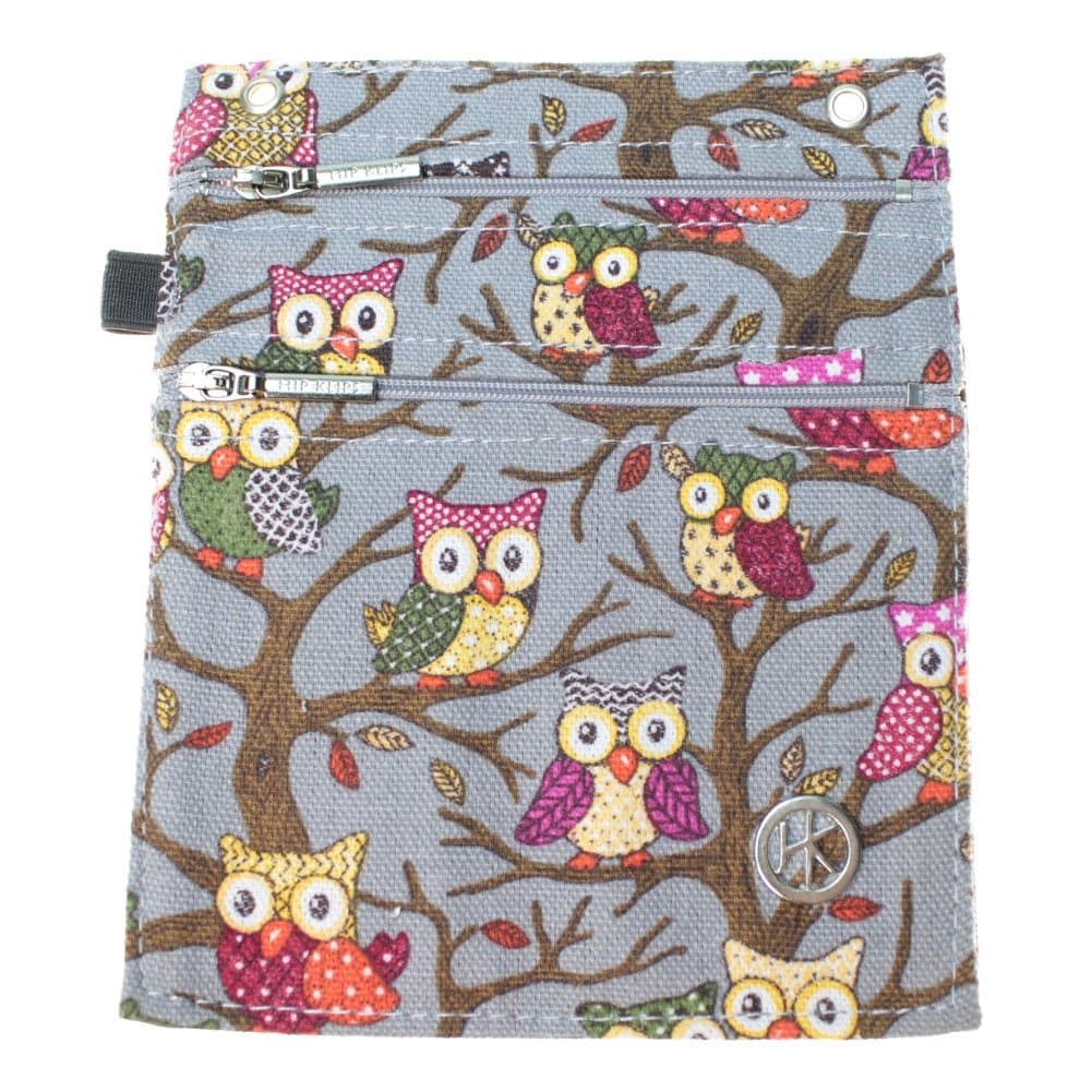 Double Zipper Hip Klip - Large with Elastic Loop - Owls on Gray - Cotton